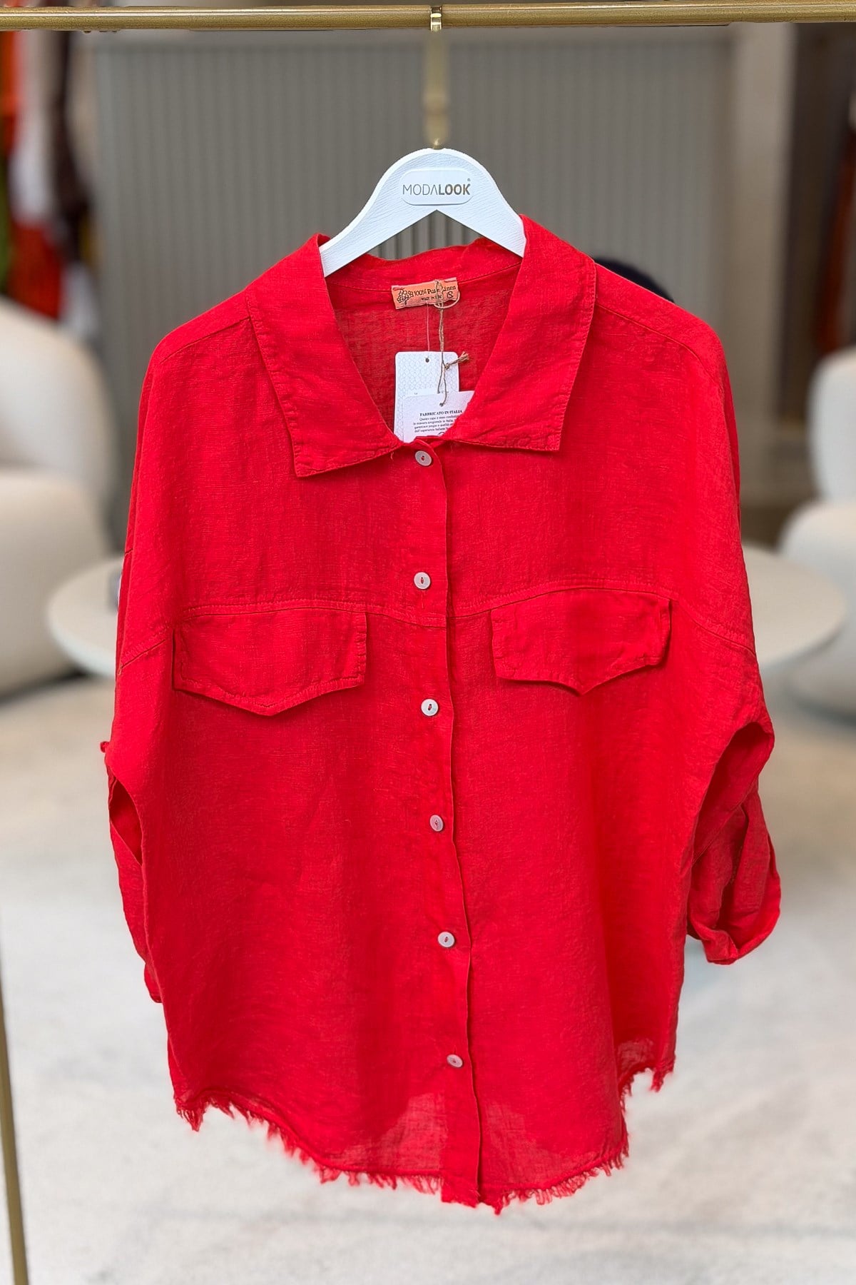 Sırtı Şerit Pullu Çift Cep Görünümlü Keten Gömlek Kırmızı RenkGÖMLEK