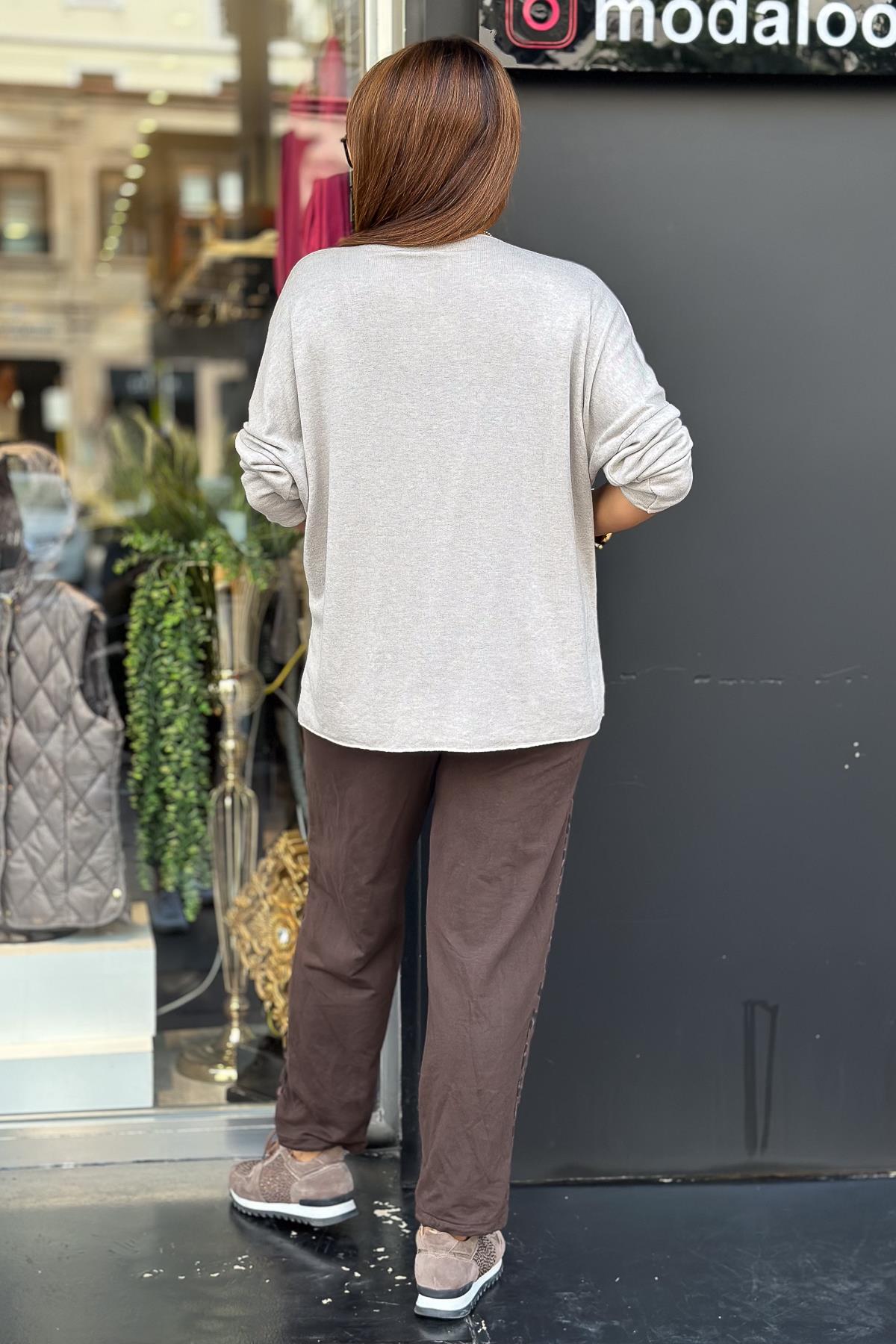 Smile Yazı Detaylı V Yaka İnce Triko Bej RenkBLUZ