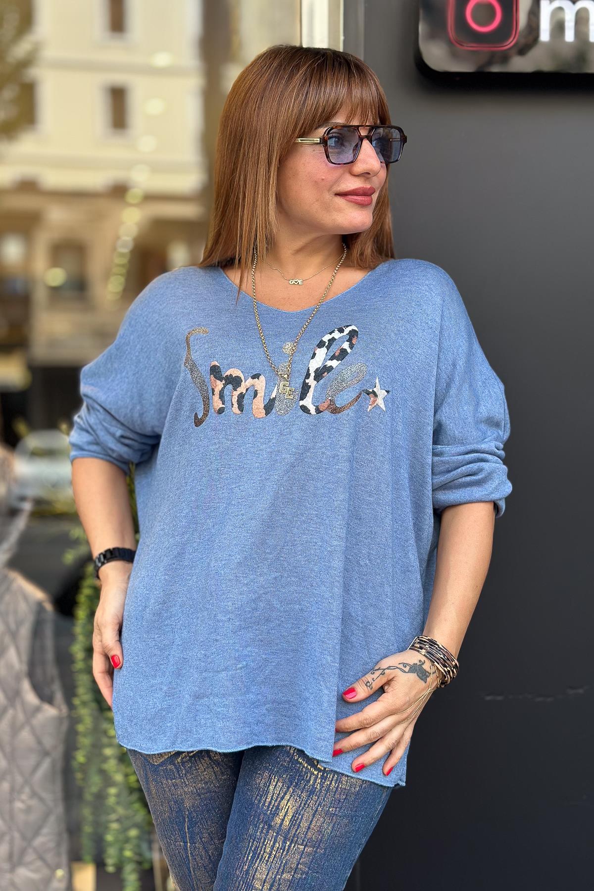 Smile Yazı Detaylı V Yaka İnce Triko İndigo RenkBLUZ