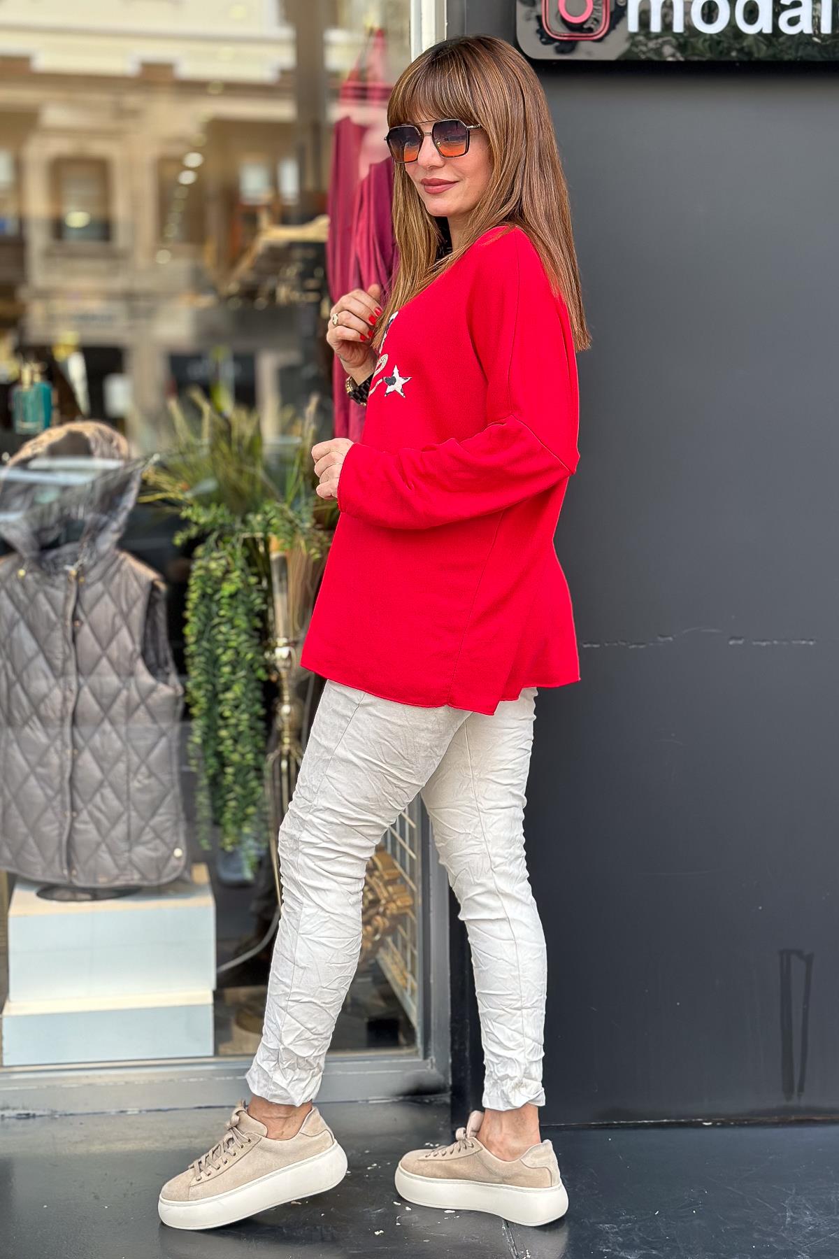 Smile Yazı Detaylı V Yaka İnce Triko Kırmızı RenkBLUZ