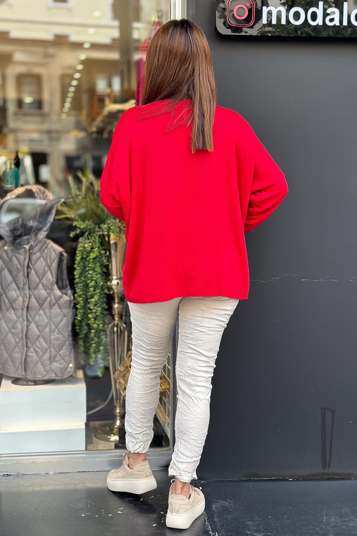 Smile Yazı Detaylı V Yaka İnce Triko Kırmızı RenkBLUZ