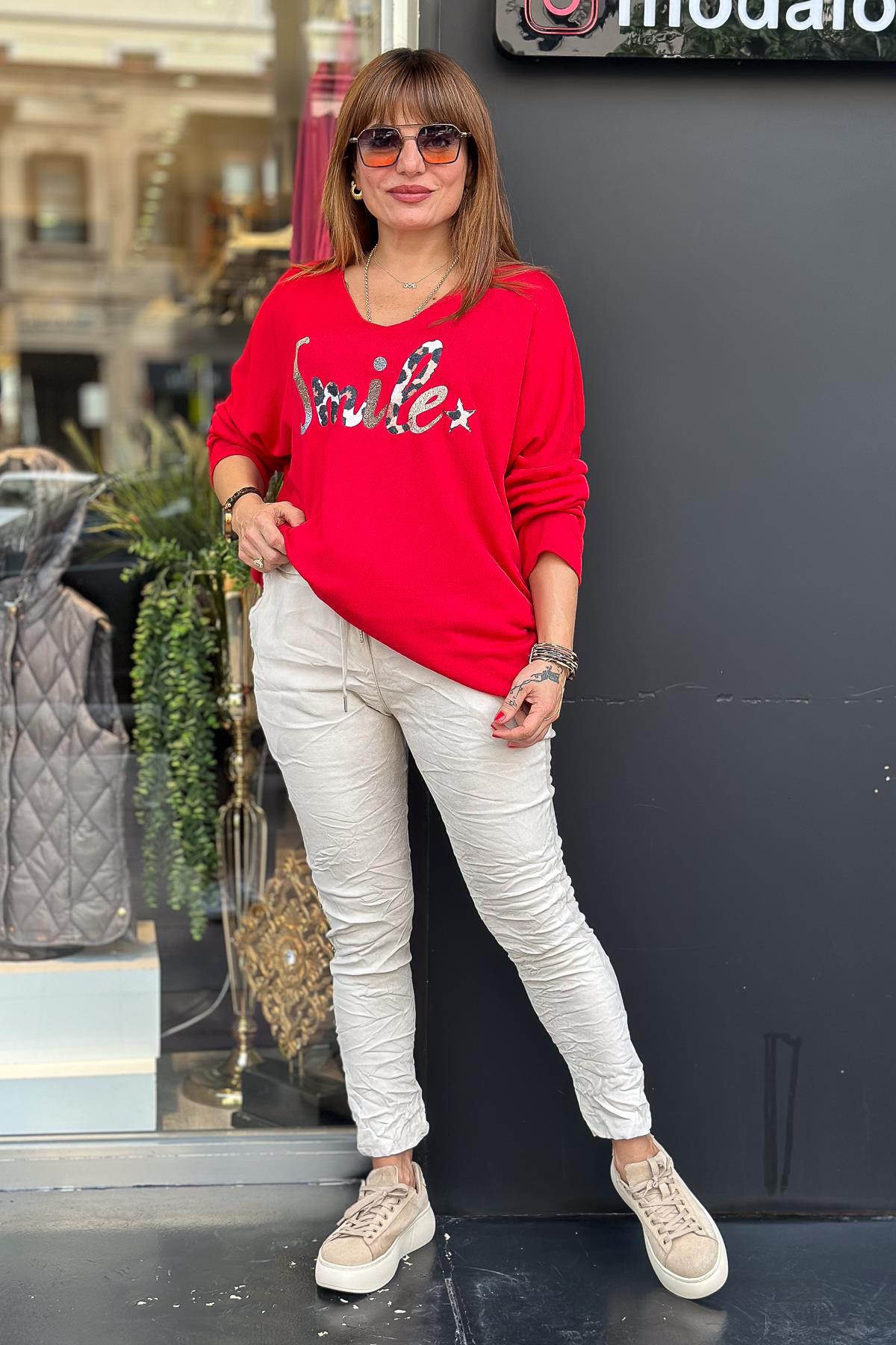 Smile Yazı Detaylı V Yaka İnce Triko Kırmızı RenkBLUZ