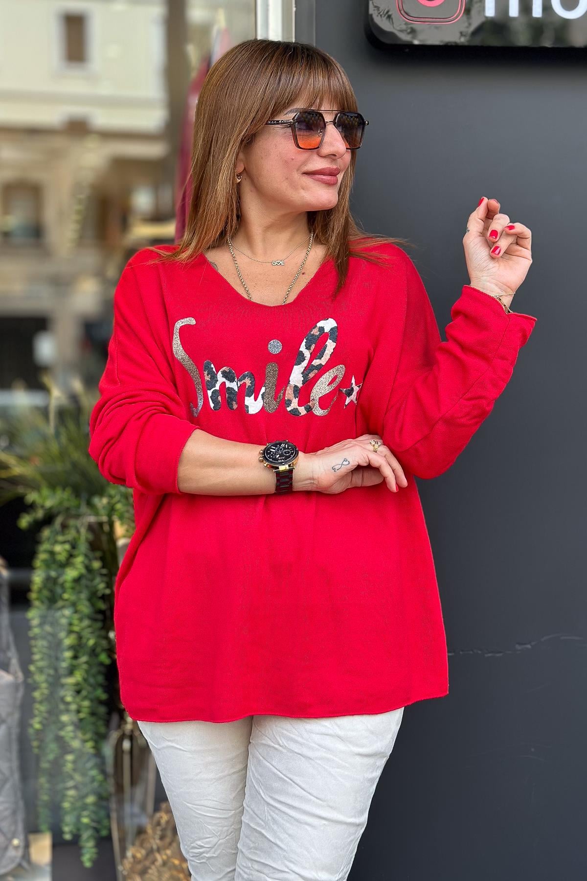 Smile Yazı Detaylı V Yaka İnce Triko Kırmızı RenkBLUZ