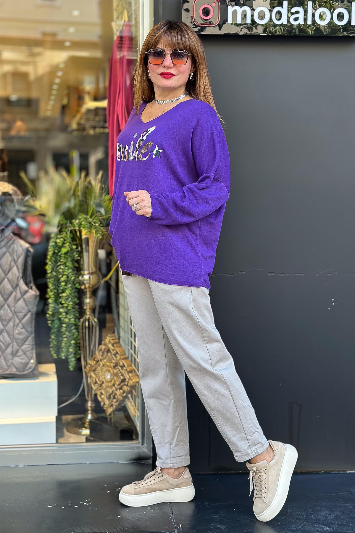 Smile Yazı Detaylı V Yaka İnce Triko Mor RenkBLUZ