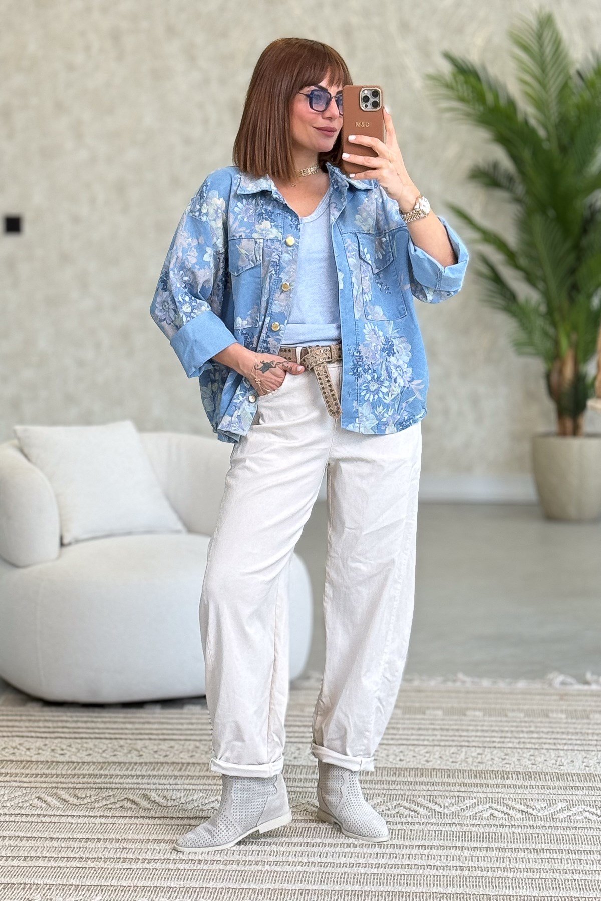 Soft Çiçek Desen Çift Cepli Kot Ceket Mavi RenkCEKET