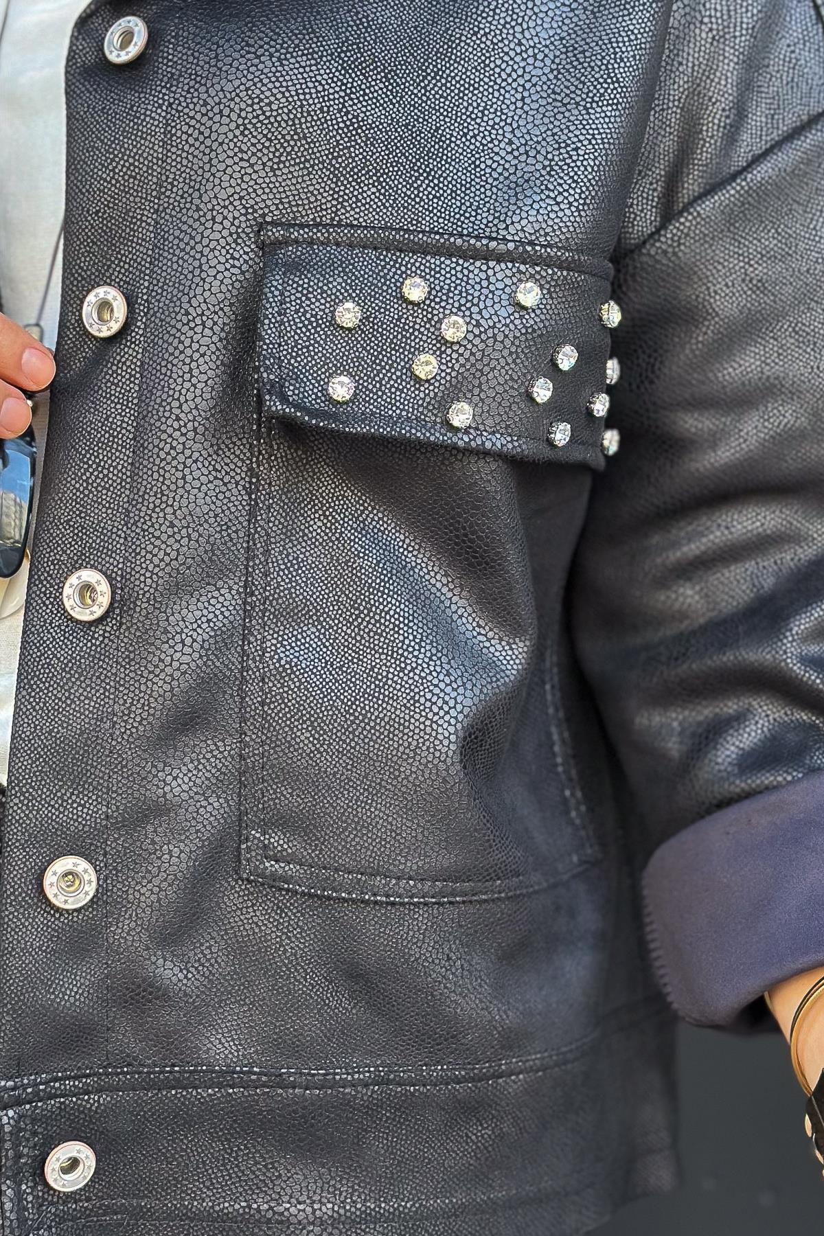Taş Detaylı Lak Baskılı Ceket Siyah RenkCEKET