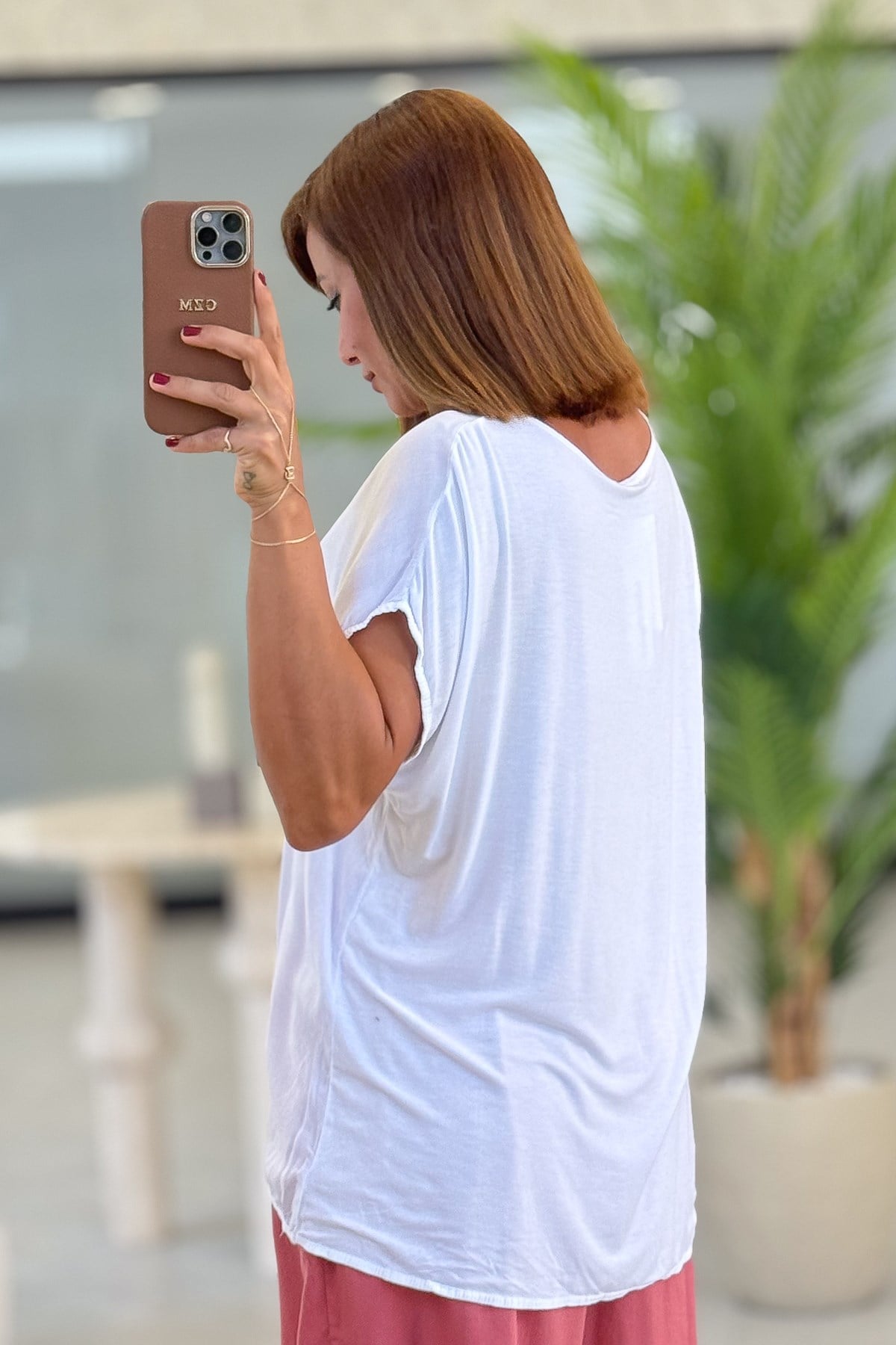 Taşlı Balon Desenli Viskon Tshirt Pudra RenkBLUZ