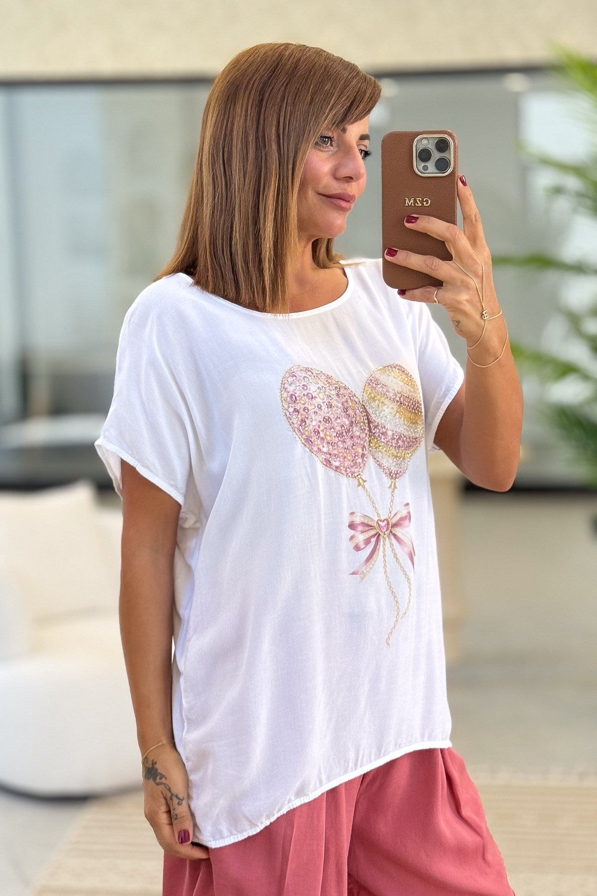 Taşlı Balon Desenli Viskon Tshirt Pudra RenkBLUZ