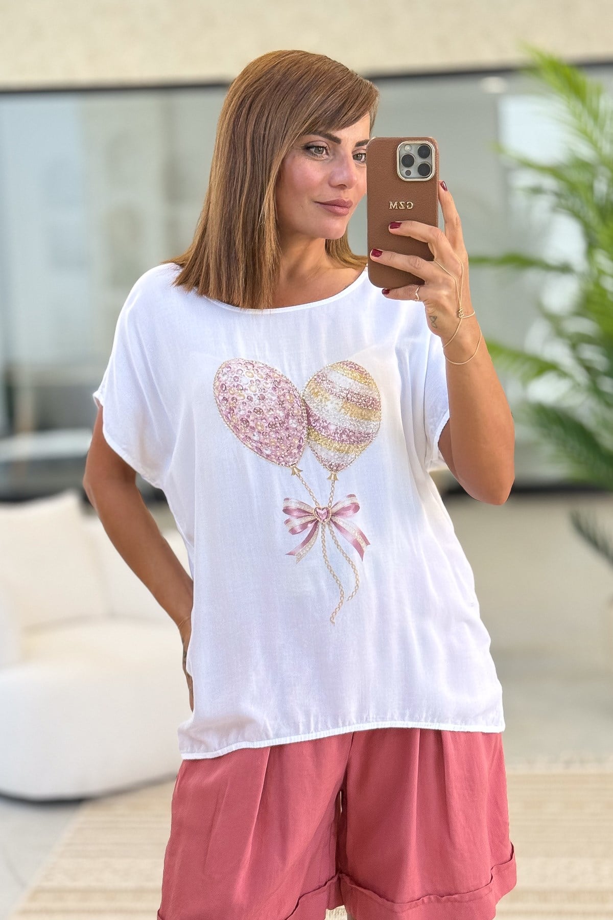 Taşlı Balon Desenli Viskon Tshirt Pudra RenkBLUZ