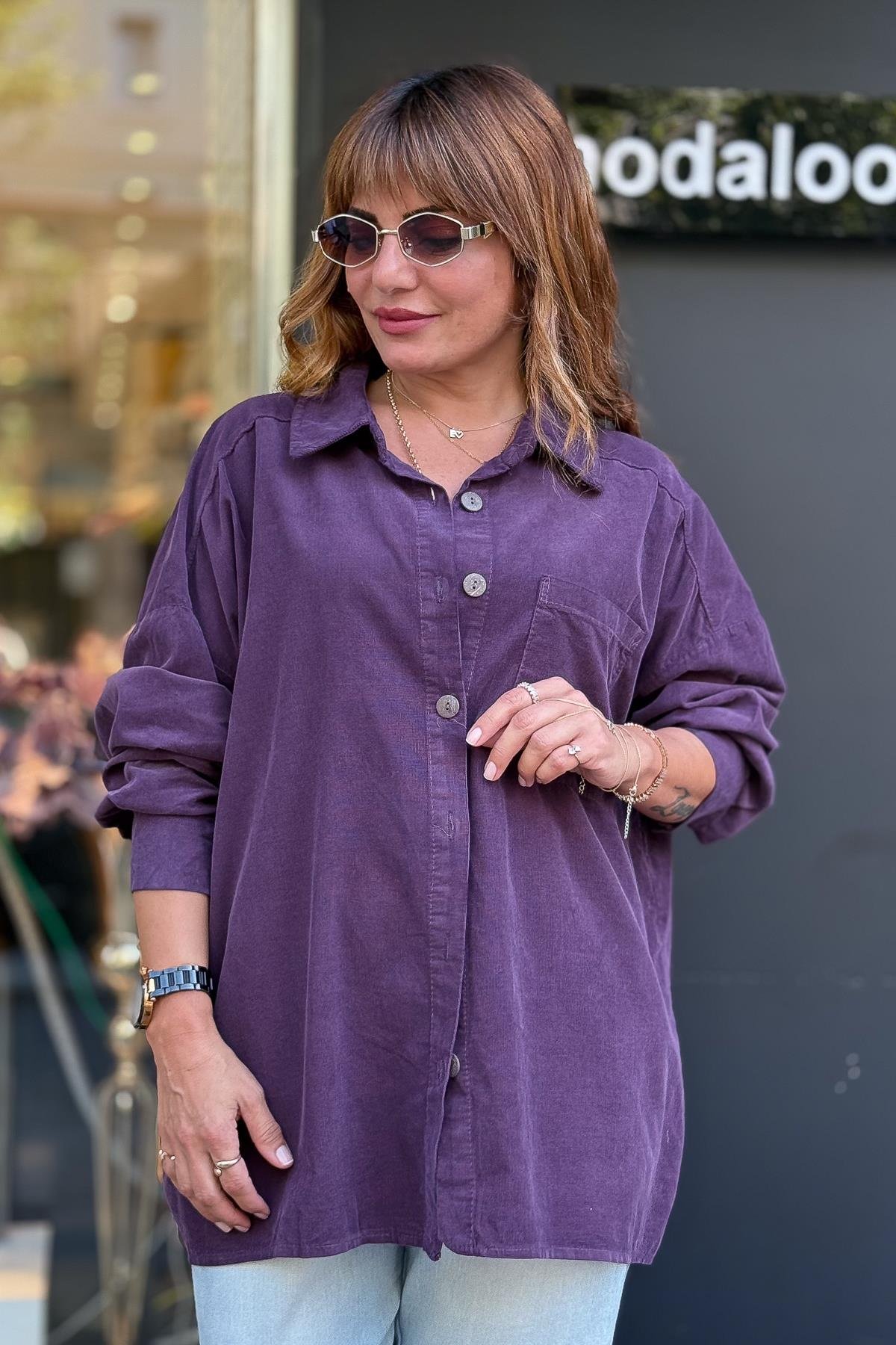 Tek Cepli Kadife Gömlek Mürdüm RenkGÖMLEK