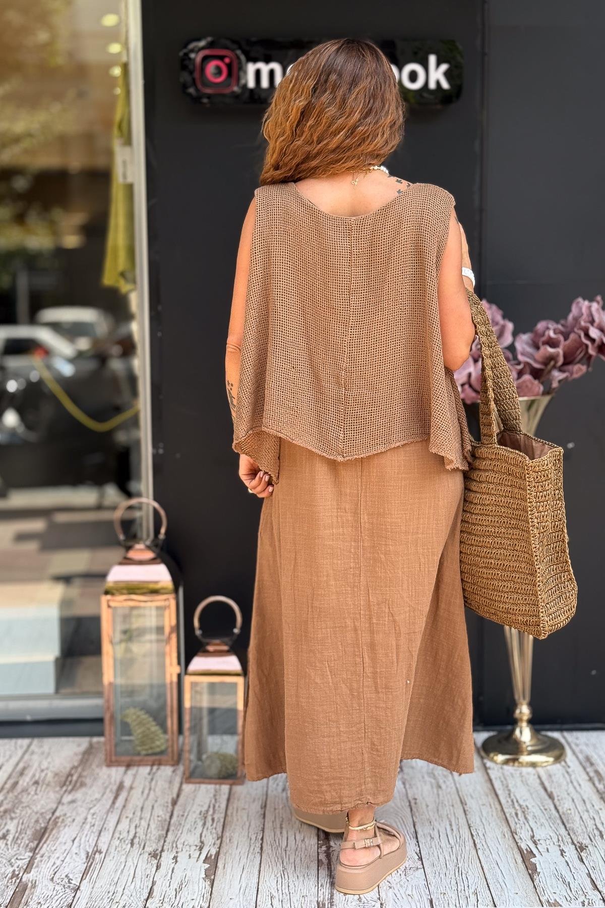 Üstü File Detaylı Pamuklu Kolsuz Elbise Camel RenkELBİSE