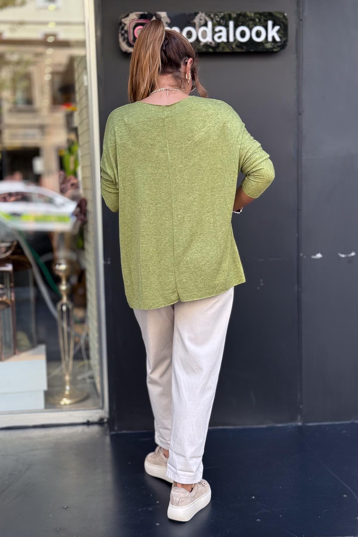 V Yaka Basic Triko Asit RenkBLUZ