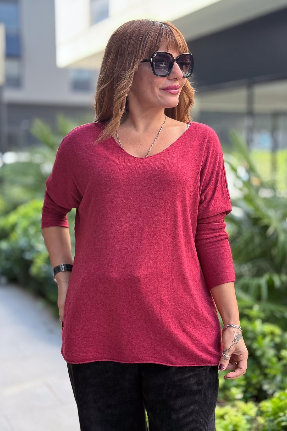 V Yaka Basic Triko Bordo RenkBLUZ