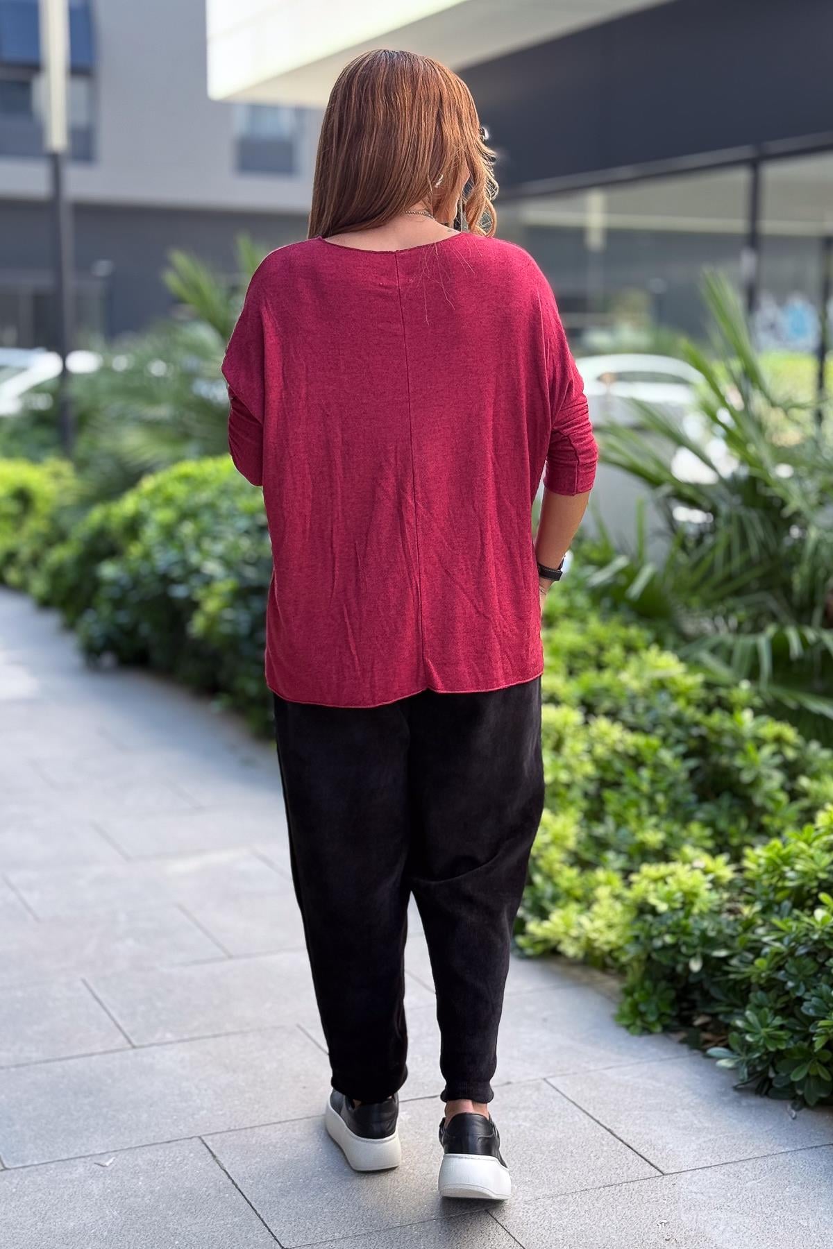 V Yaka Basic Triko Bordo RenkBLUZ