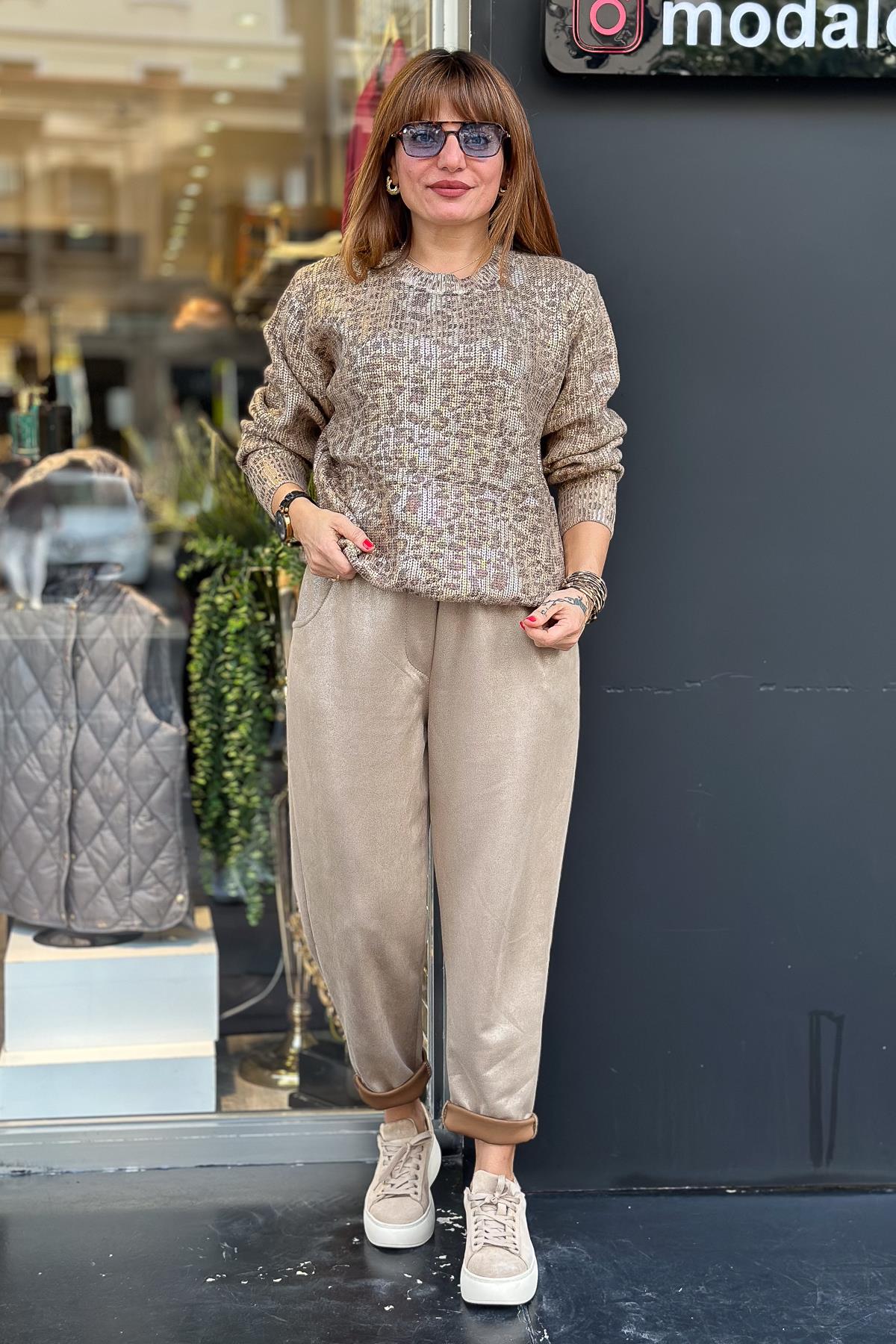 Varaklı Leopar Desenli Kazak Camel RenkBLUZ