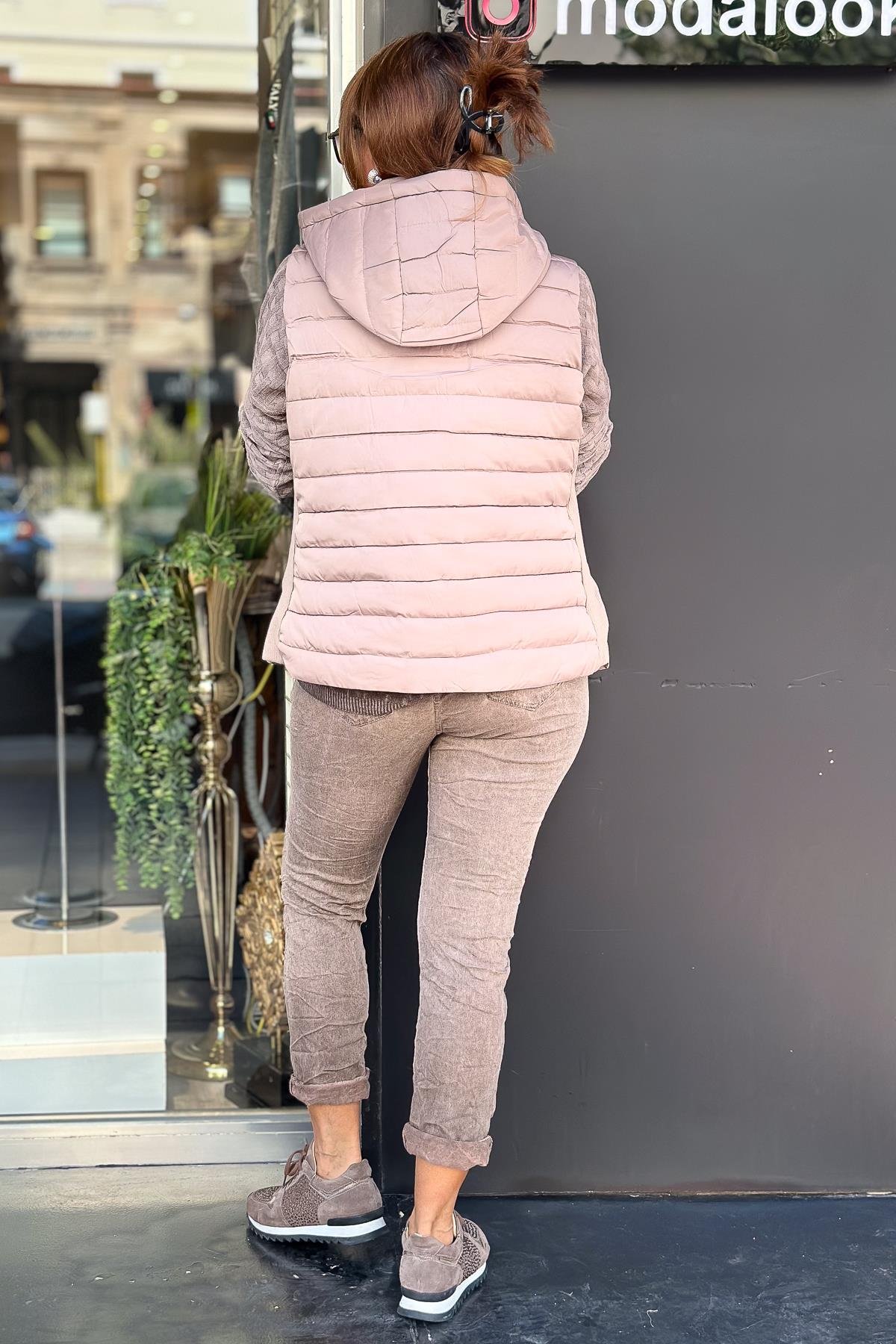 Yan Tarafı Triko Detaylı Anorak Yelek Vizon RenkYELEK