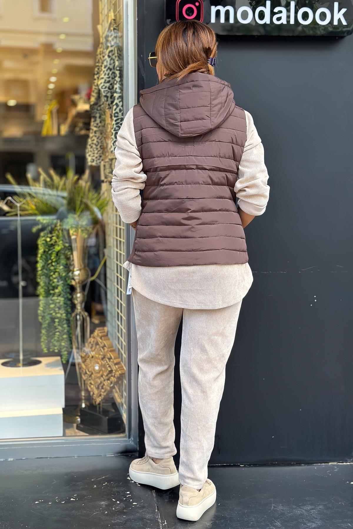 Yan Tarafı Triko Detaylı Anorak Yelek Kahverengi RenkYELEK