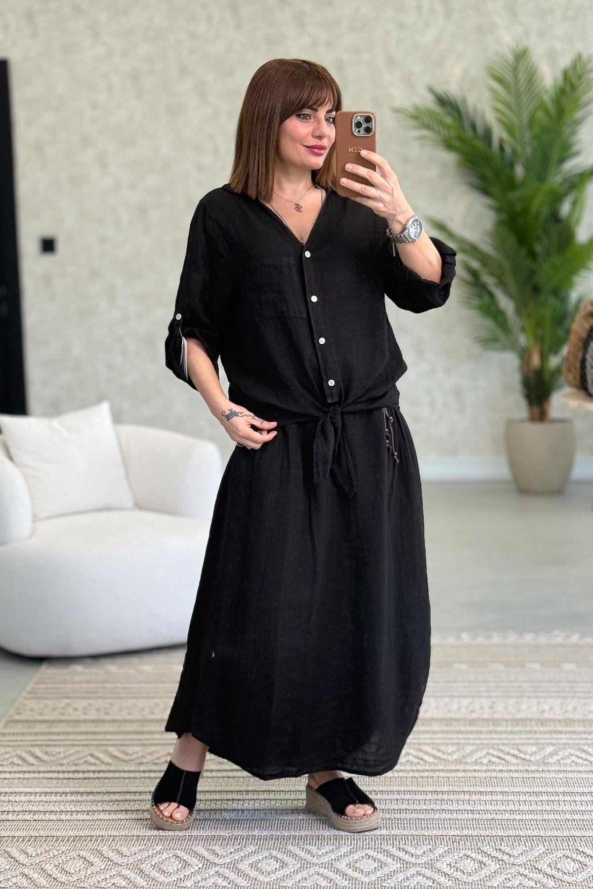 Yanları Büzgü Detaylı Kemerli Keten Etek Siyah RenkETEK