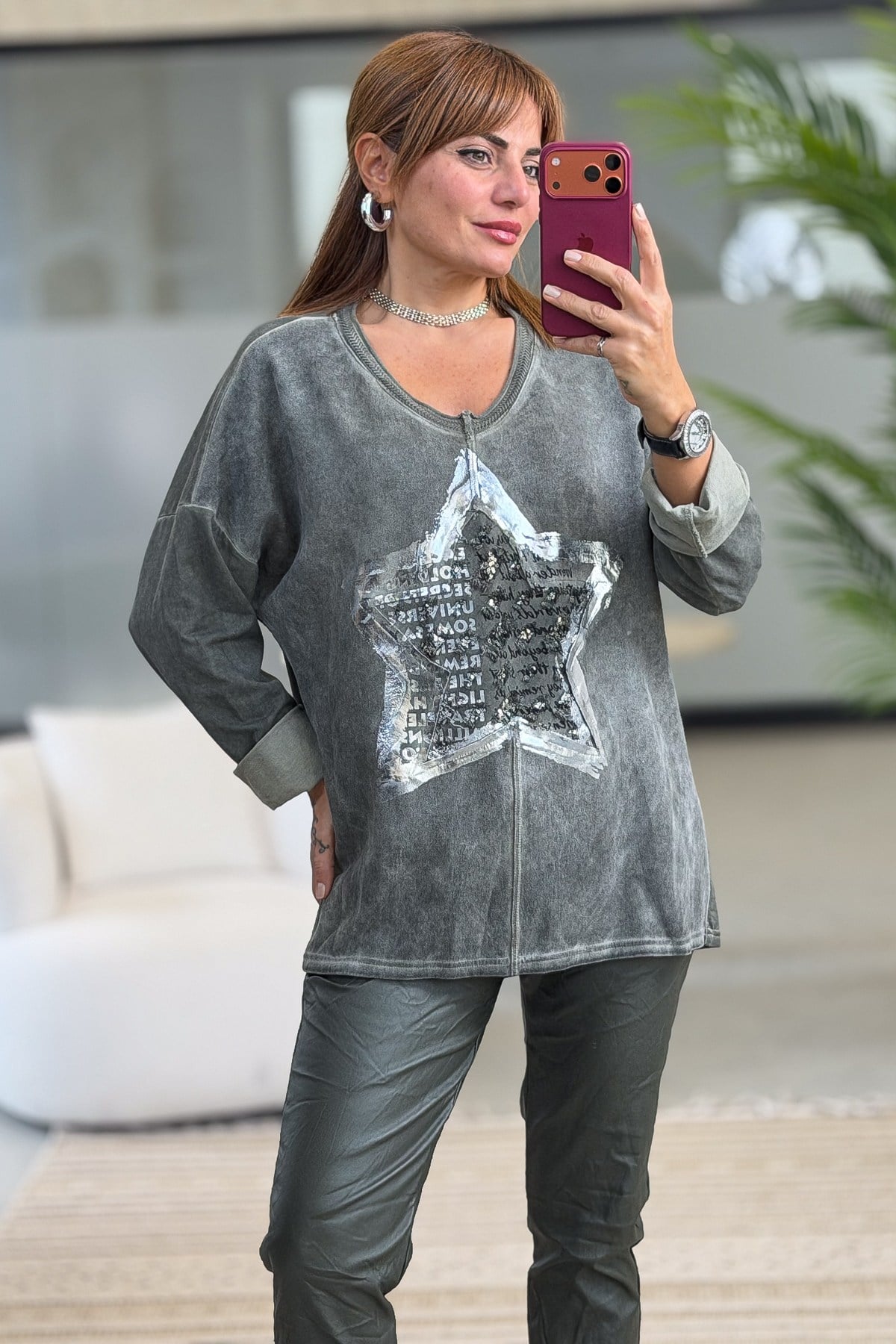 Yıldız Desen V Yaka Sweet Haki RenkBLUZ