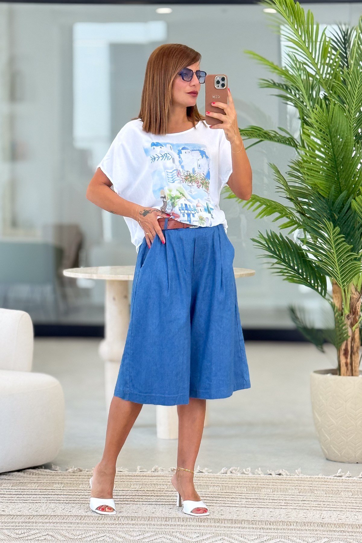 Yunanistan Desenli Viskon Tshirt Mavi RenkBLUZ