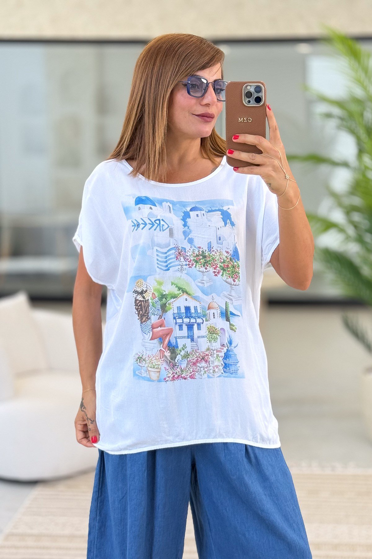 Yunanistan Desenli Viskon Tshirt Mavi RenkBLUZ
