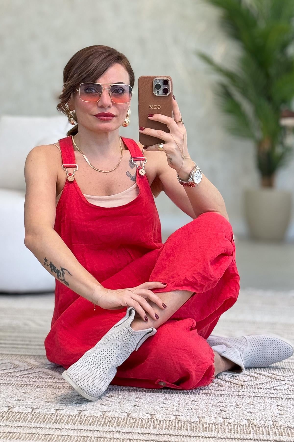 Yüzücü Modelli Keten Tulum Nar Çiçeği RenkELBİSE