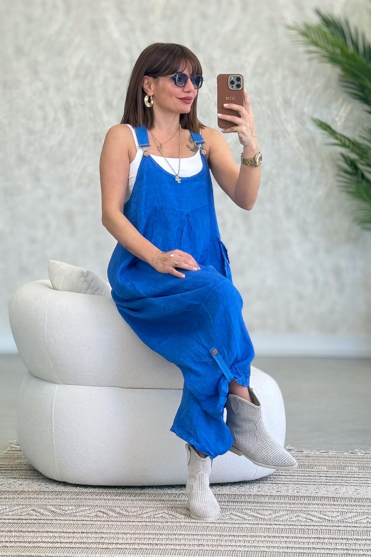 Yüzücü Modelli Keten Tulum Saks RenkELBİSE