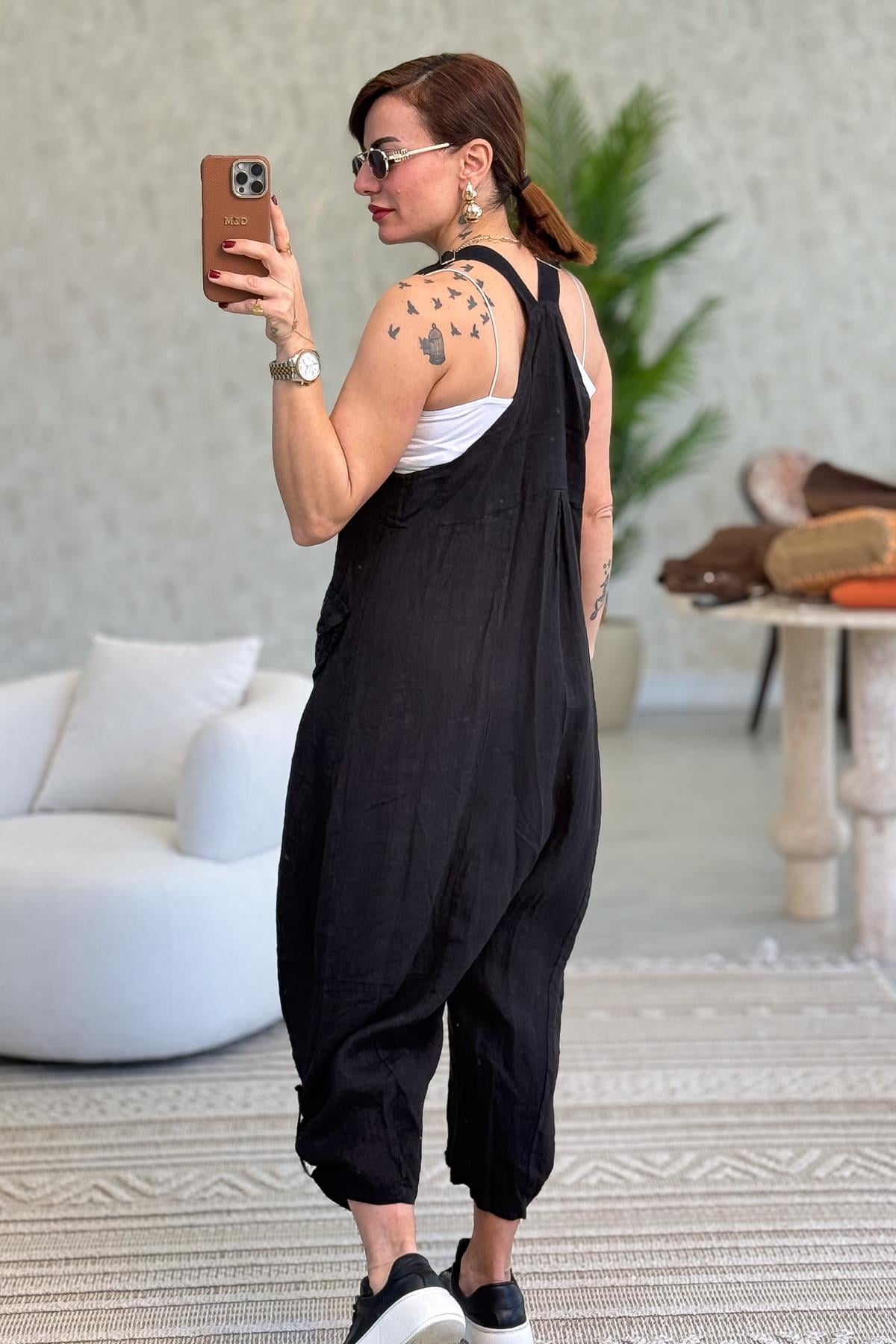 Yüzücü Modelli Keten Tulum Siyah RenkELBİSE