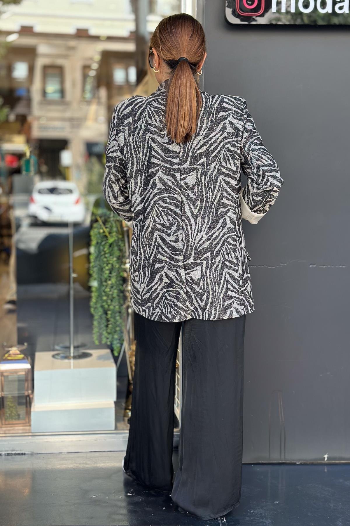 Zebra Desen Simli Kumaş Blazer Ceket Bej RenkCEKET