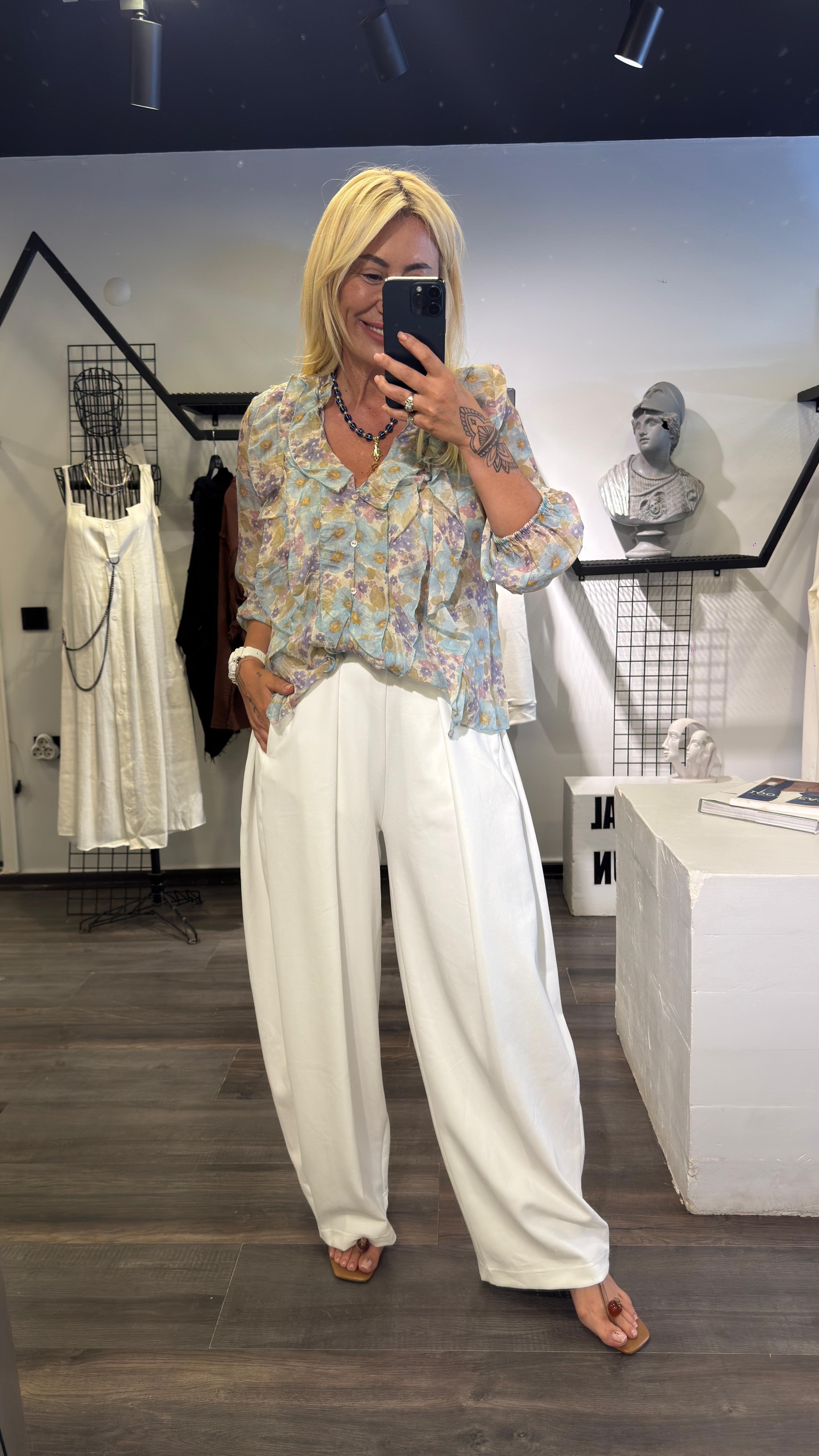 BEYAZ BEL LASTİK DETAYLI PANTOLON