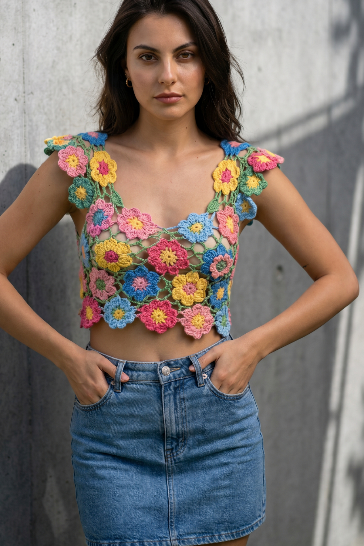 ACR Craft Renkli Çiçekli  El Örgüsü Crop Top Elbise