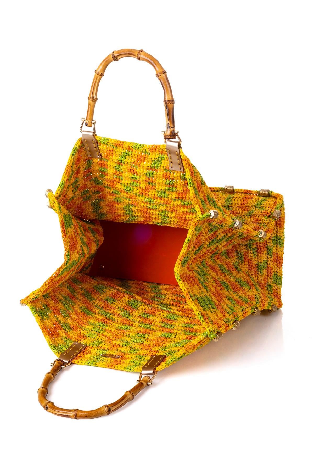 Corinne Design Bambu Saplı Örgü El Çantası, Sarı / Turuncu