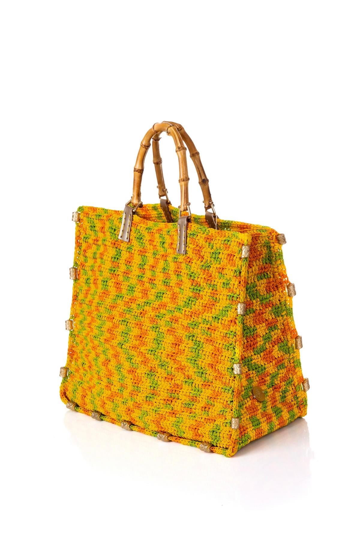 Corinne Design Bambu Saplı Örgü El Çantası, Sarı / Turuncu