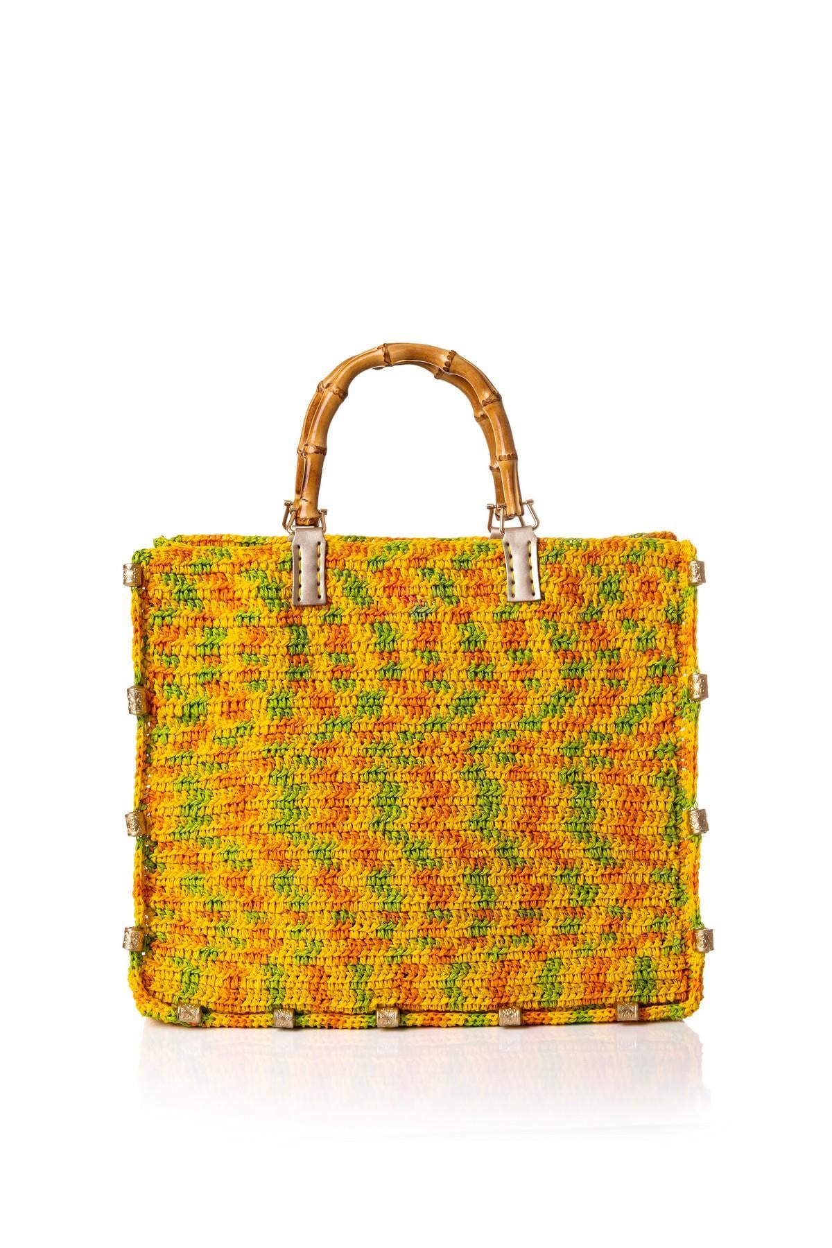 Corinne Design Bambu Saplı Örgü El Çantası, Sarı / Turuncu