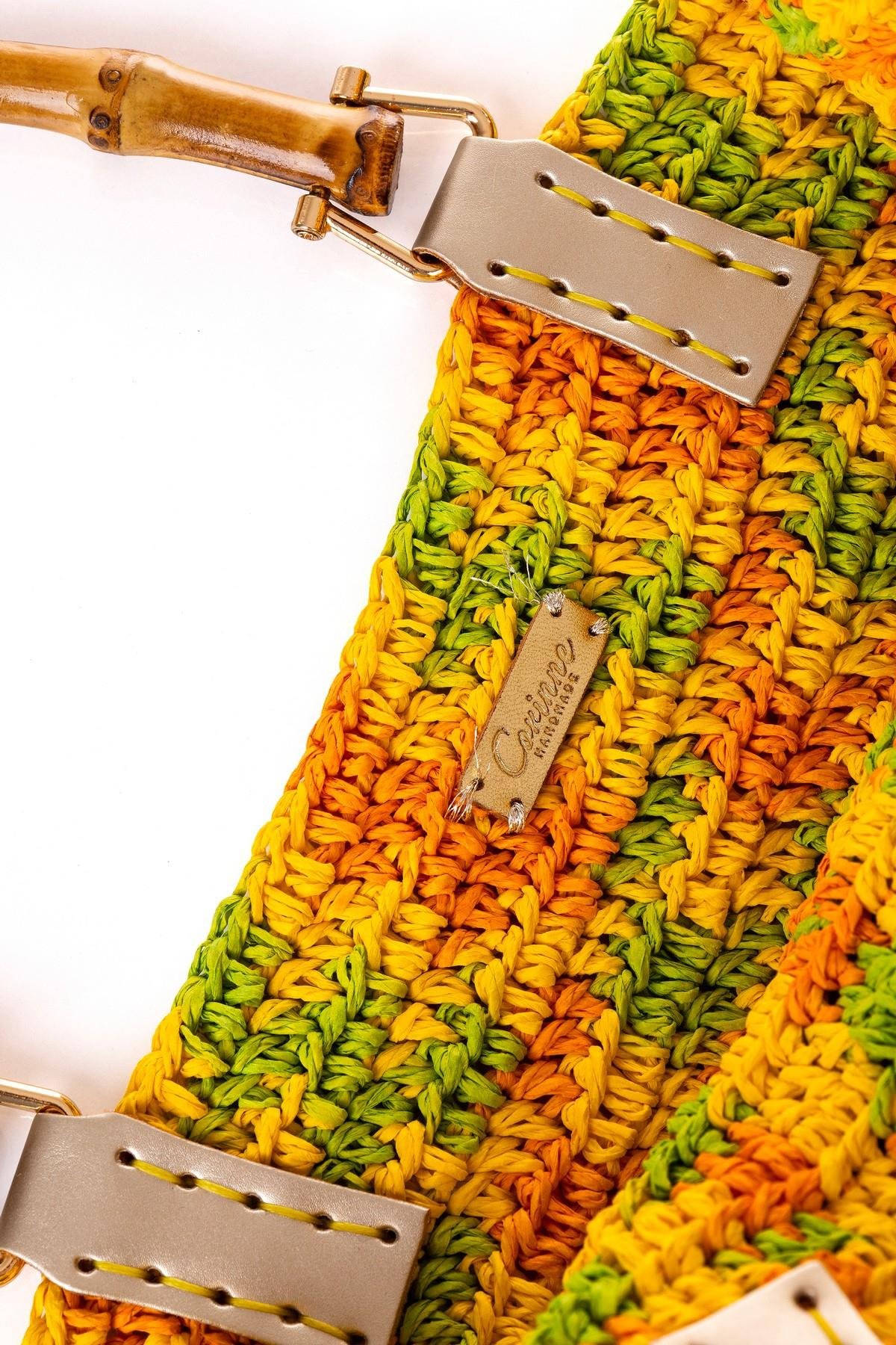 Corinne Design Bambu Saplı Örgü El Çantası, Sarı / Turuncu