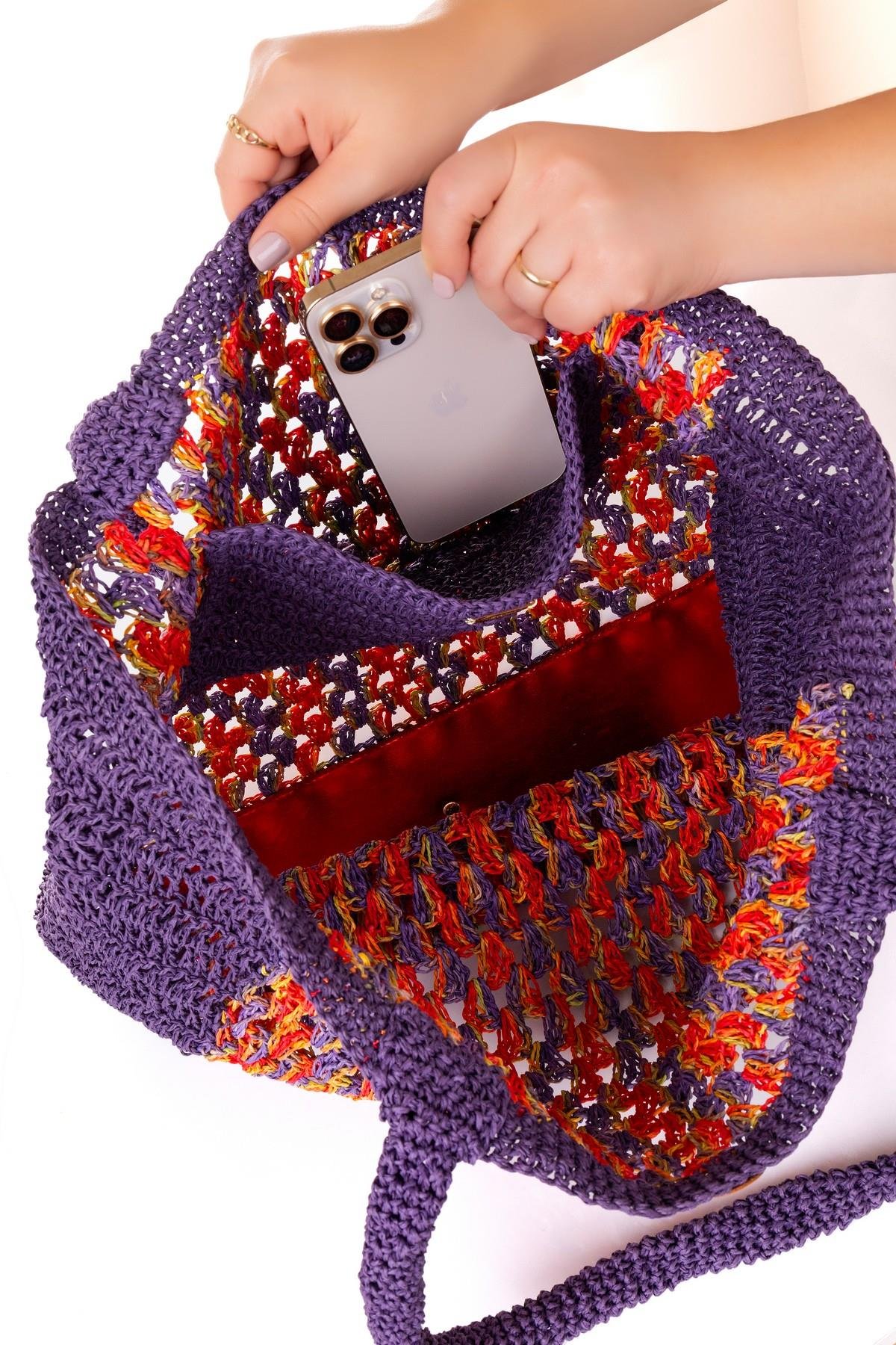 Corinne Design Hasır Örgü Plaj Çantası, Mor / Kırmızı
