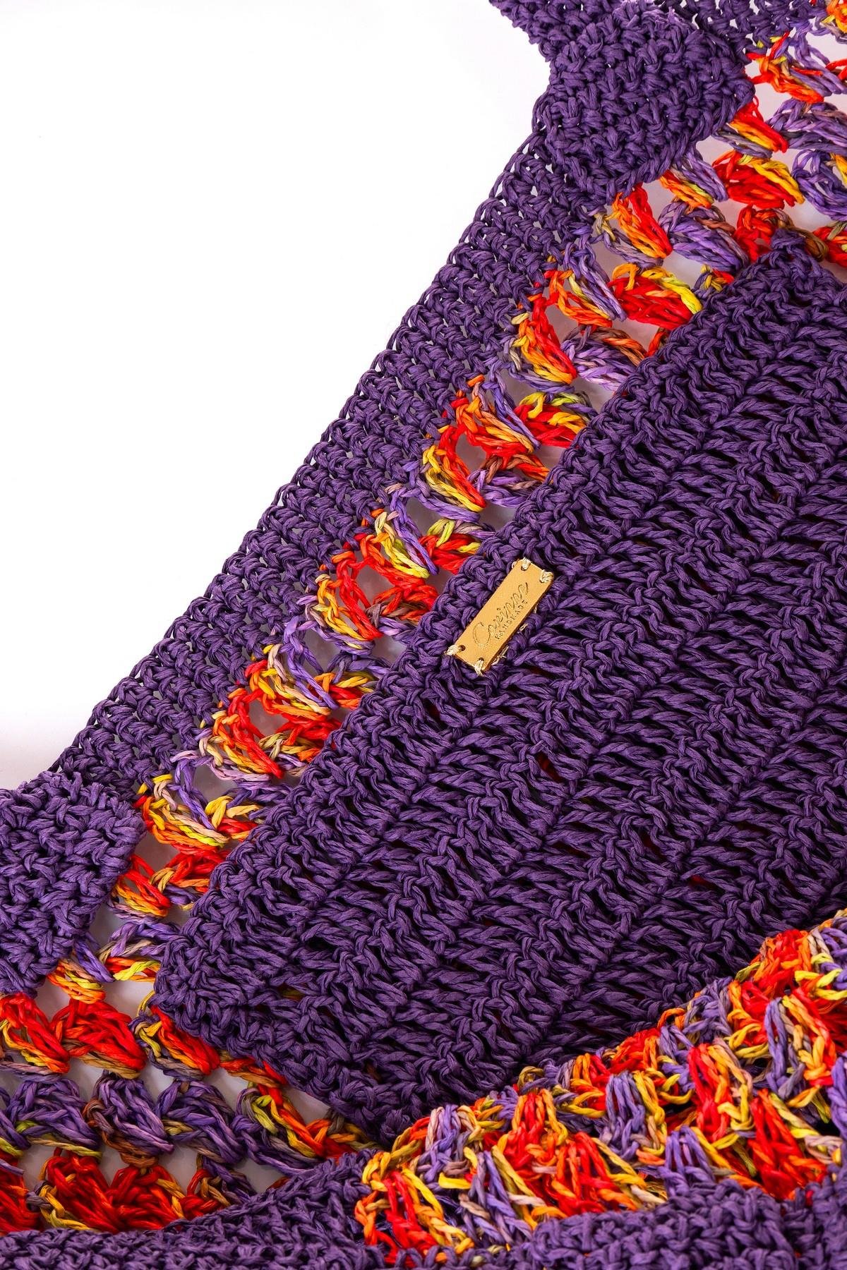 Corinne Design Hasır Örgü Plaj Çantası, Mor / Kırmızı