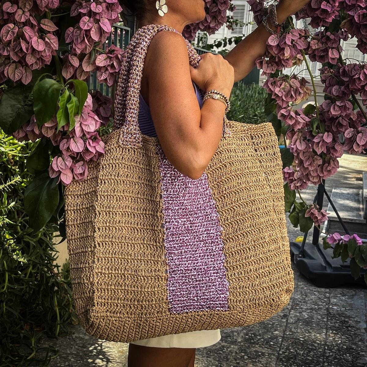 Corinne Design Hasır Örgü Plaj Çantası, Hasır / Pembe