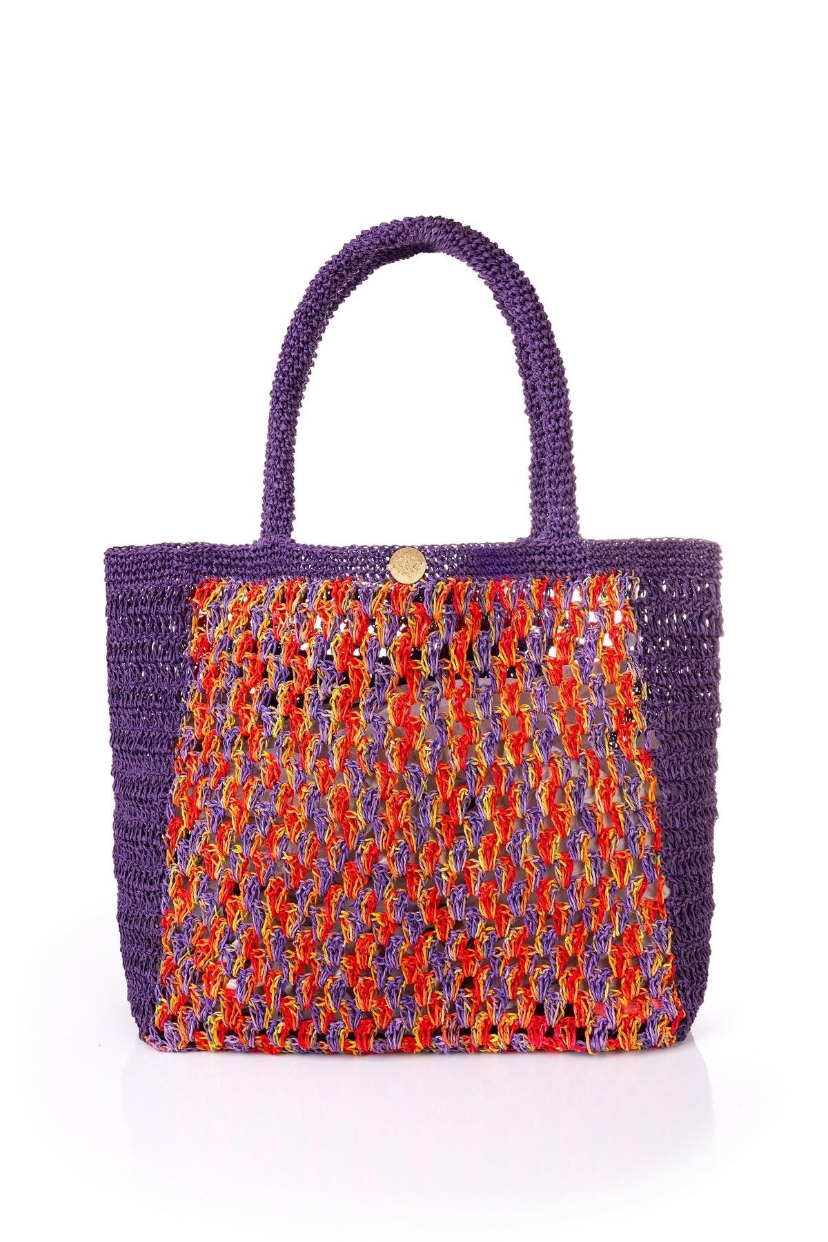 Corinne Design Hasır Örgü Plaj Çantası, Mor / Kırmızı