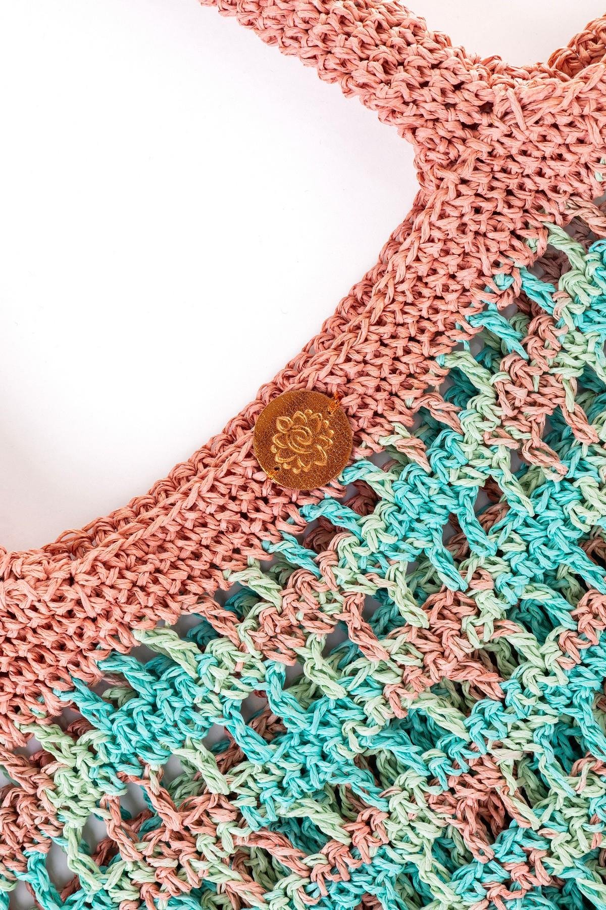 Corinne Design Hasır Örgü Plaj Çantası, Pembe / Turkuaz