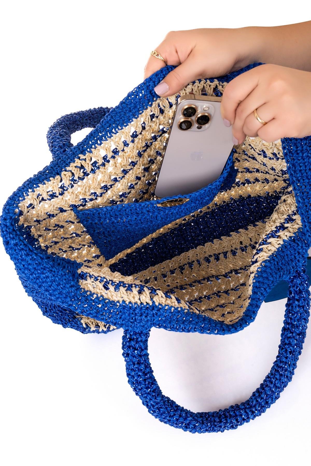 Corinne Design Hasır Örgü Plaj Çantası, Bej / Lacivert