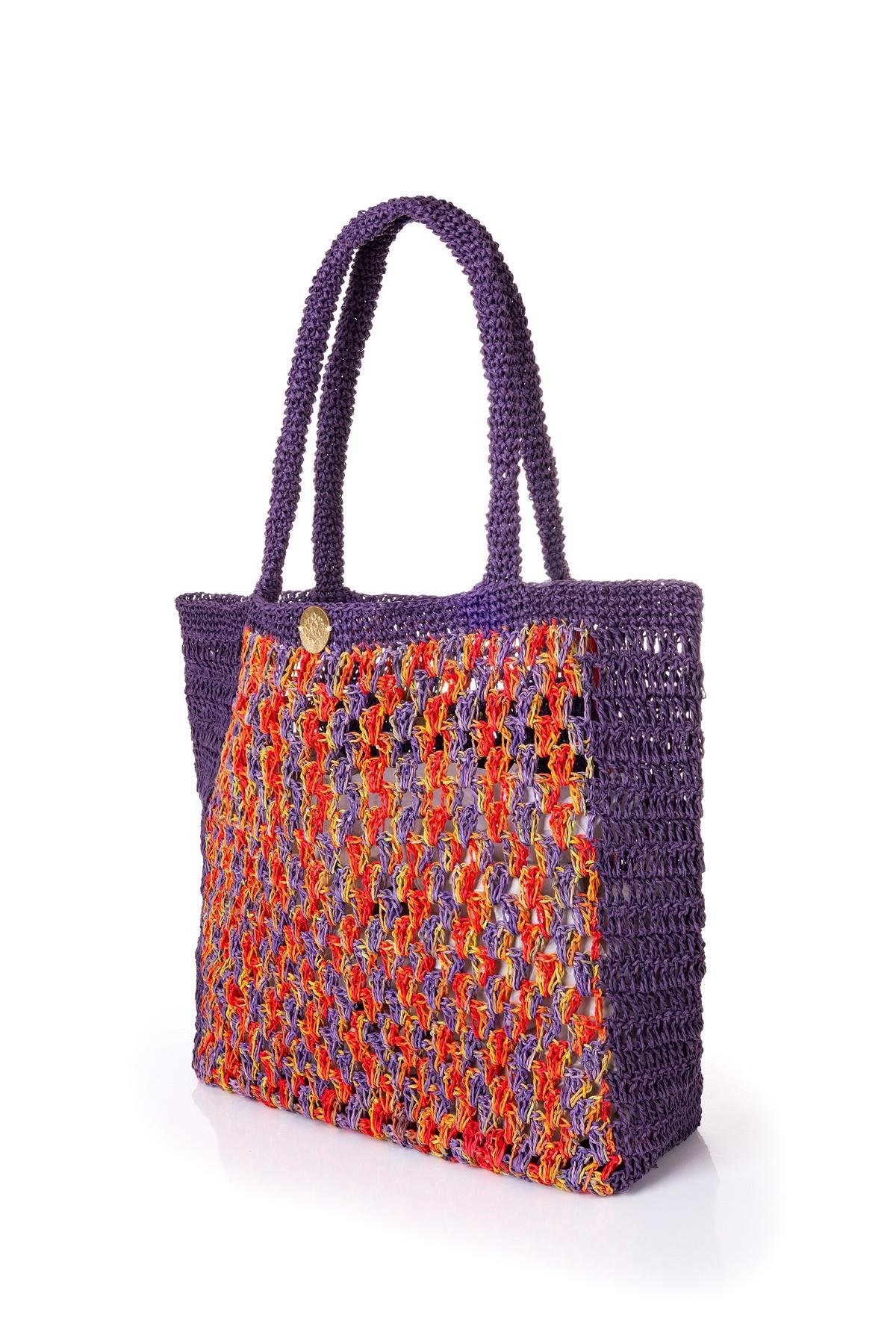 Corinne Design Hasır Örgü Plaj Çantası, Mor / Kırmızı