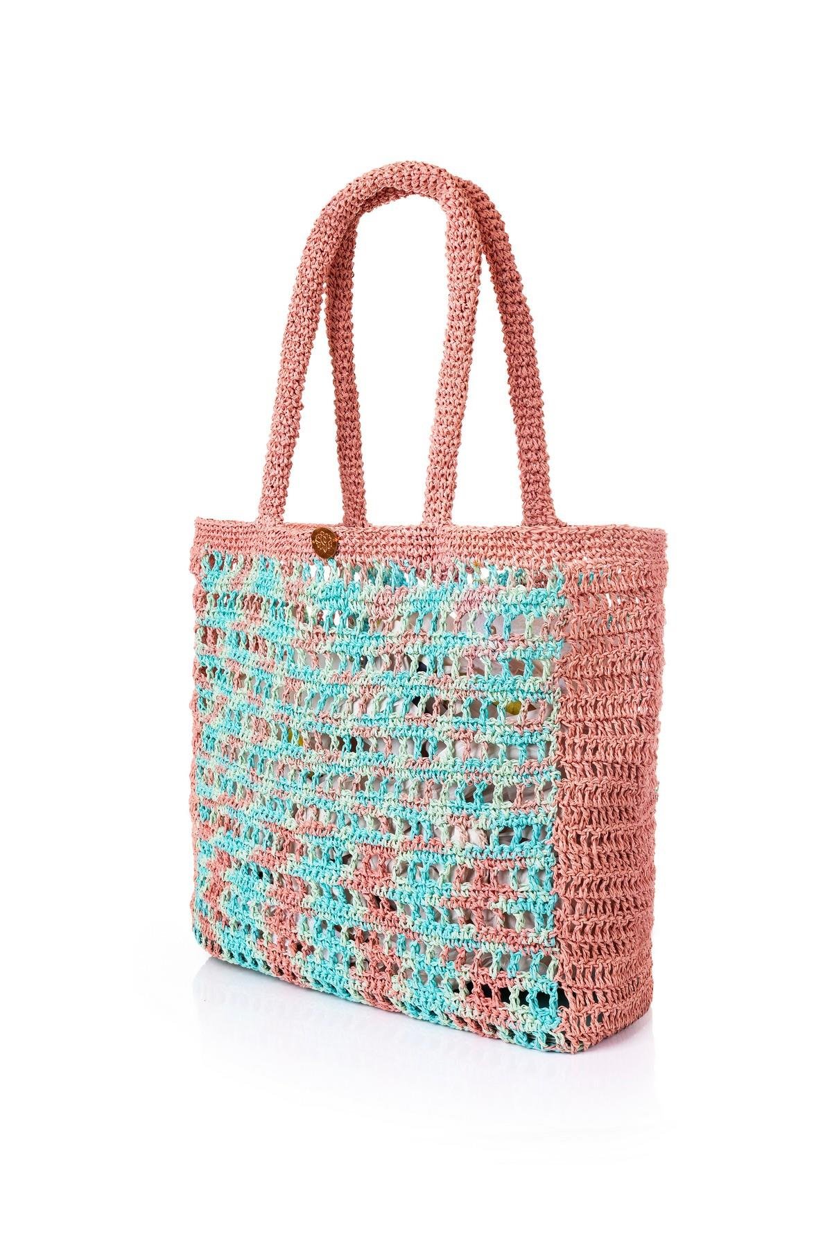 Corinne Design Hasır Örgü Plaj Çantası, Pembe / Turkuaz