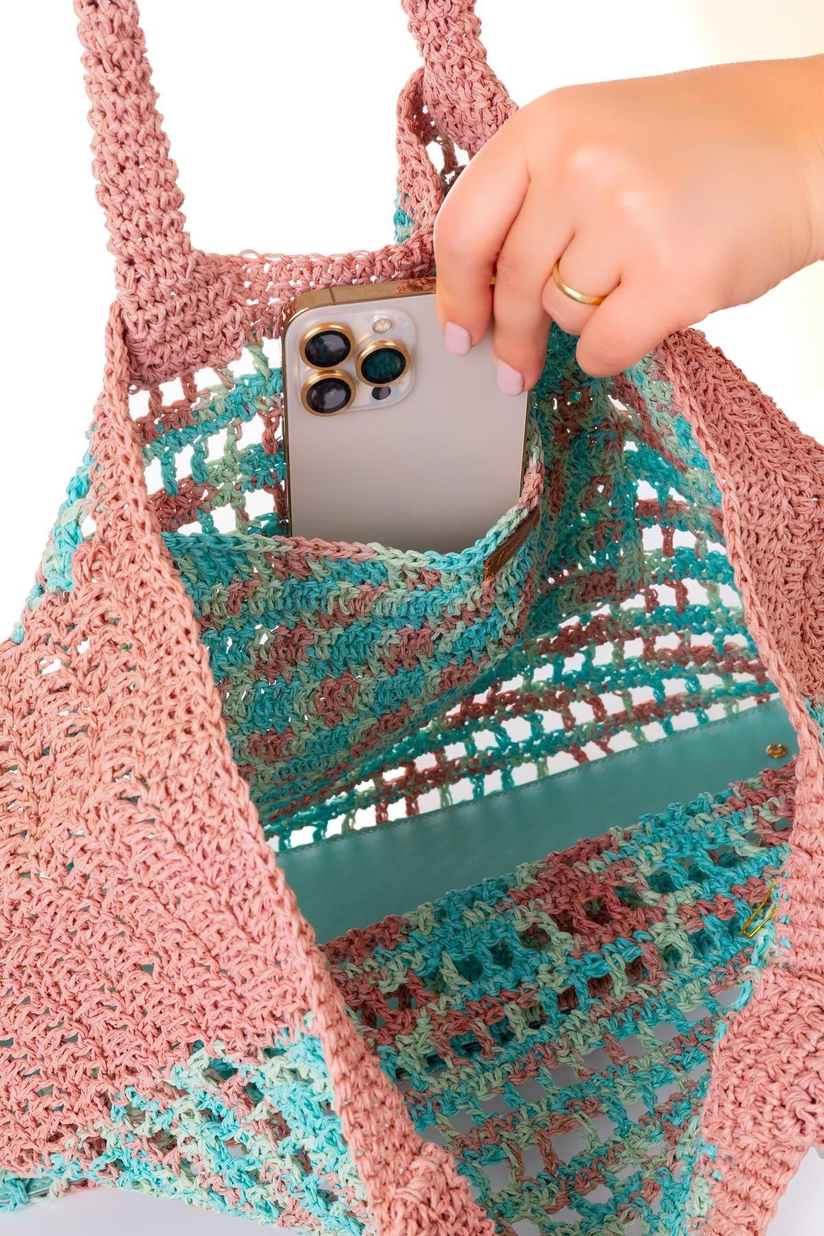 Corinne Design Hasır Örgü Plaj Çantası, Pembe / Turkuaz