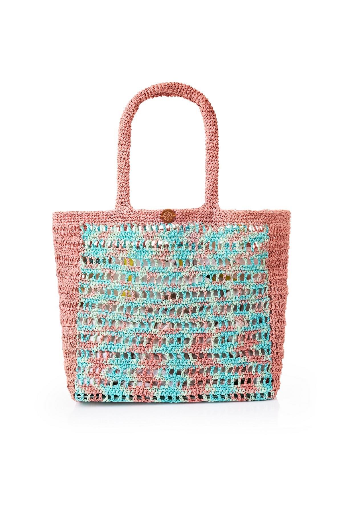 Corinne Design Hasır Örgü Plaj Çantası, Pembe / Turkuaz