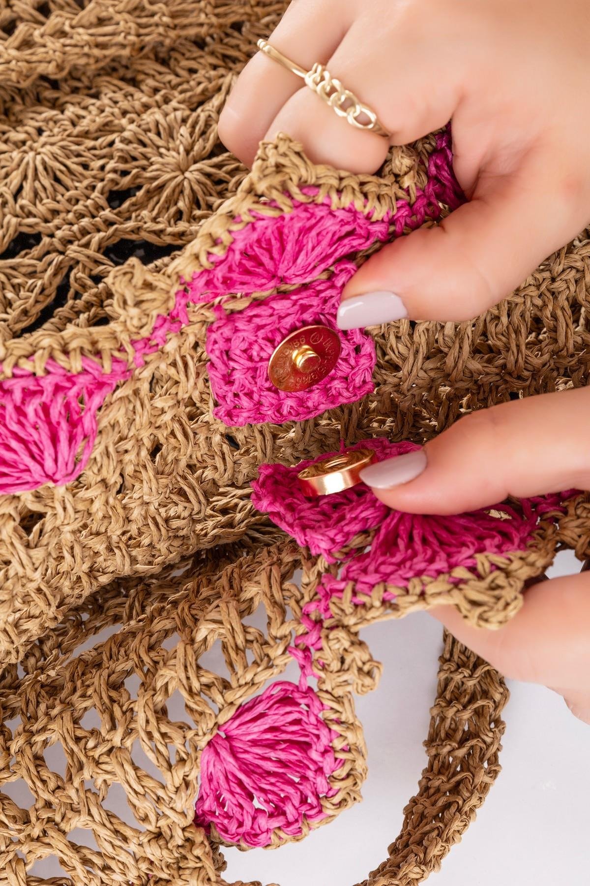 Corinne Design Hasır Örgü Yelpaze Plaj Çantası, Hasır / Pembe