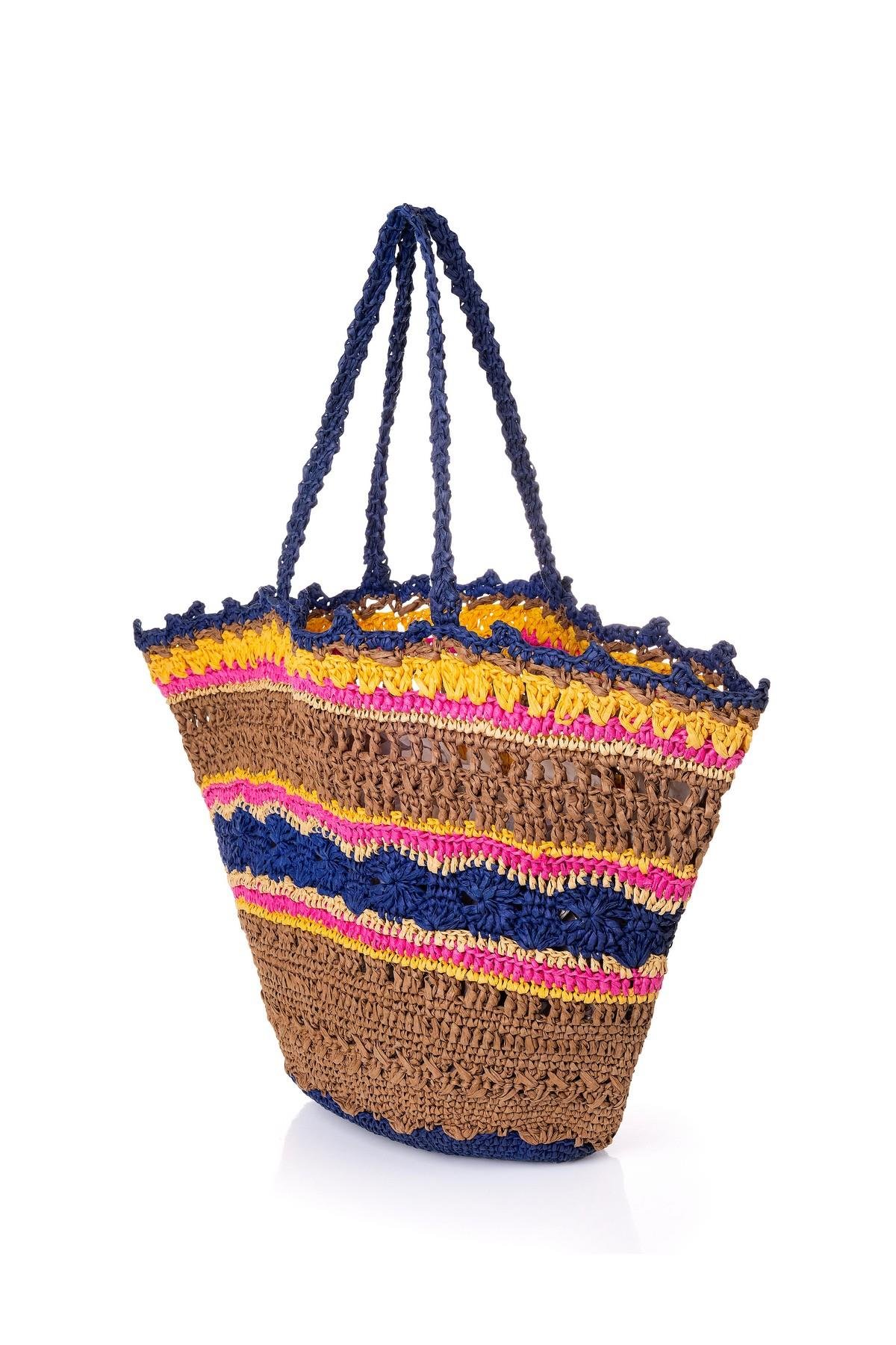 Corinne Design Hasır Örgü Yelpaze Plaj Çantası, Lacivert / Pembe / Kahve