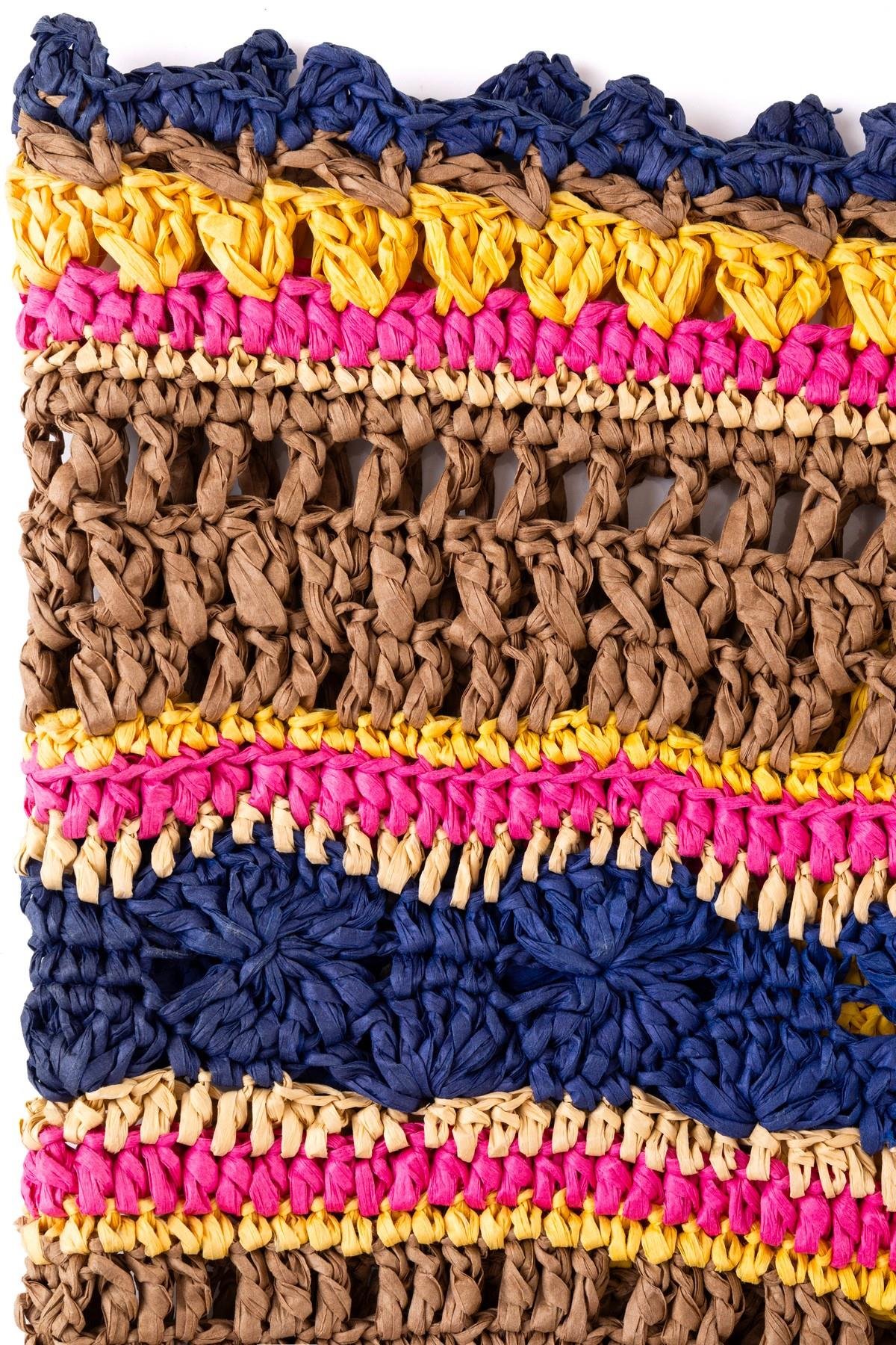 Corinne Design Hasır Örgü Yelpaze Plaj Çantası, Lacivert / Pembe / Kahve