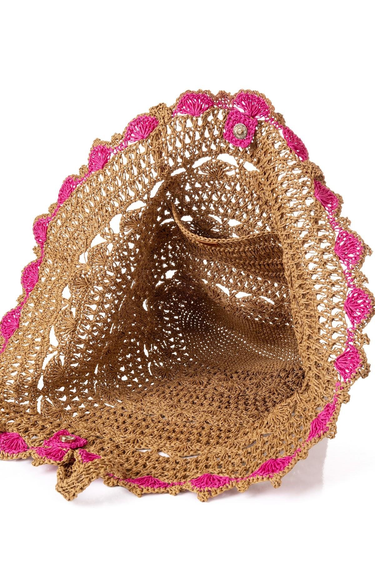 Corinne Design Hasır Örgü Yelpaze Plaj Çantası, Hasır / Pembe