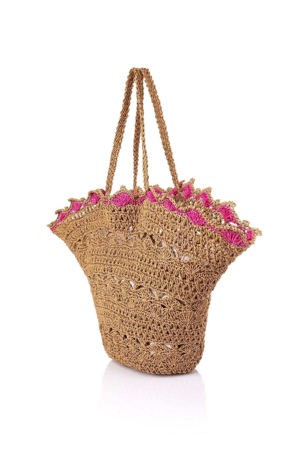Corinne Design Hasır Örgü Yelpaze Plaj Çantası, Hasır / Pembe
